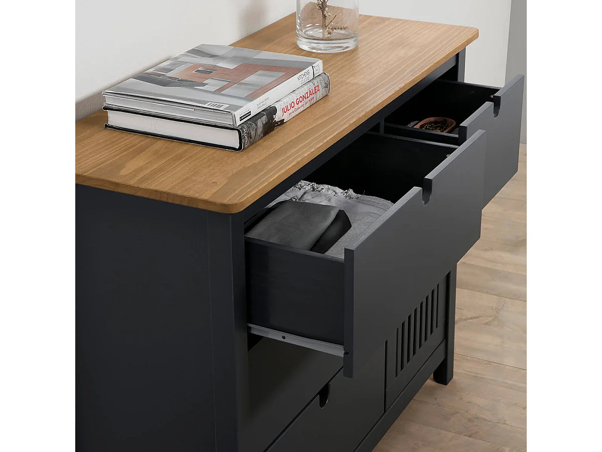 MALIA - Commode 4 Tiroirs 1 Porte Bois Ciré et Gris Foncé