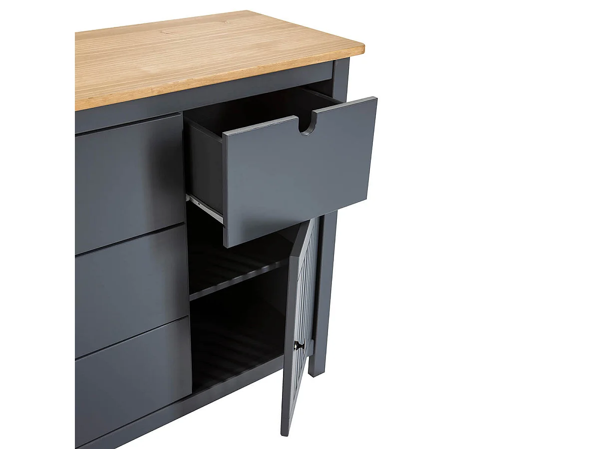 MALIA - Commode 4 Tiroirs 1 Porte Bois Ciré et Gris Foncé