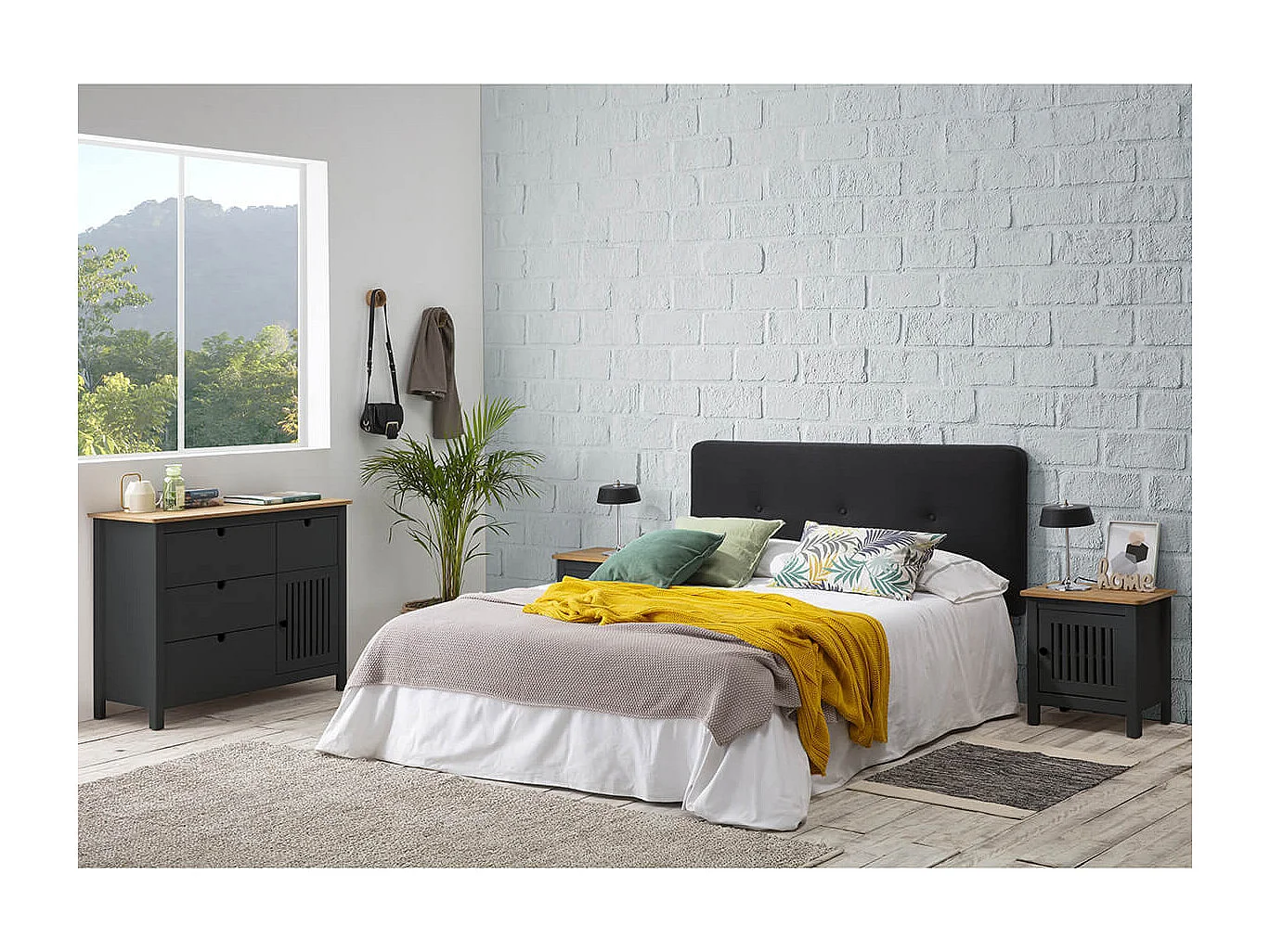 MALIA - Commode 4 Tiroirs 1 Porte Bois Ciré et Gris Foncé