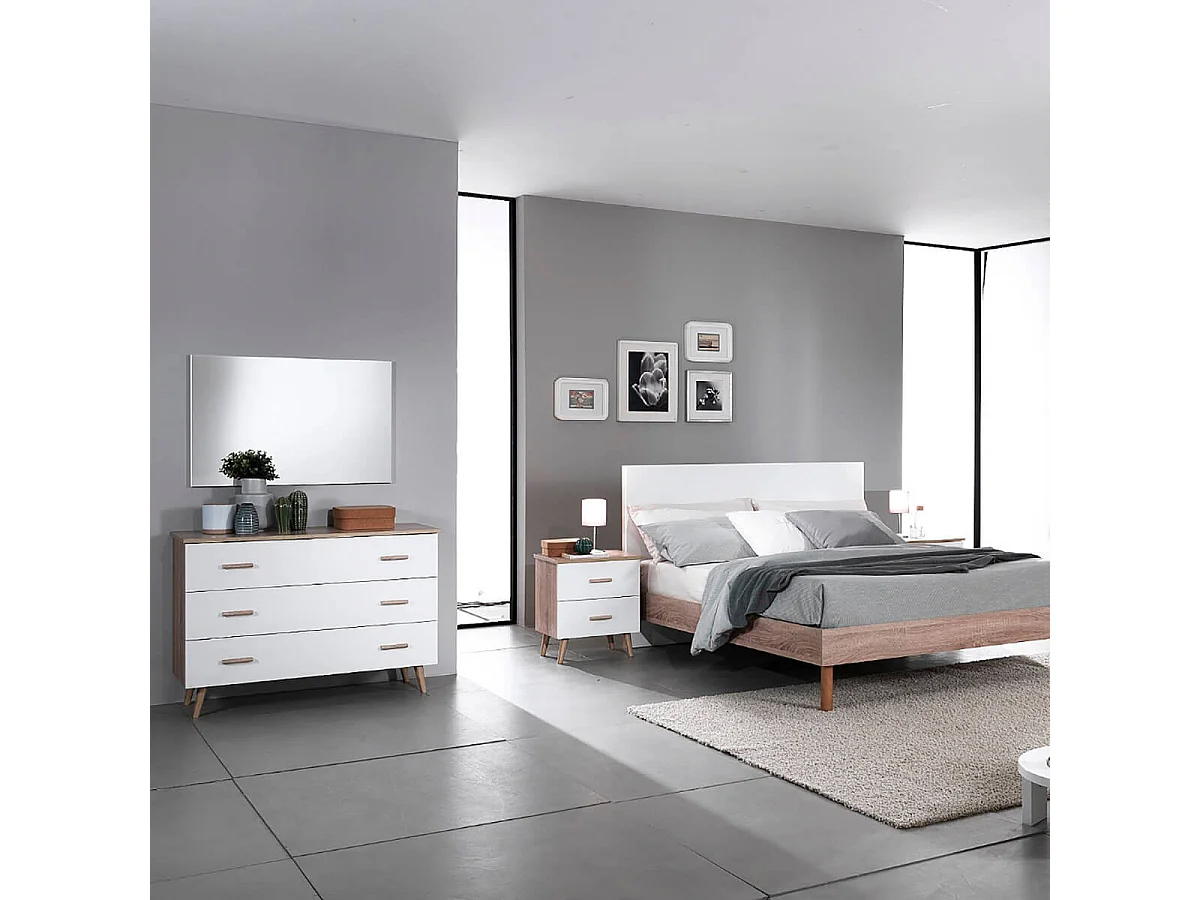 PREEM - Commode 3 Tiroirs Aspect Naturel et Façades Blanches