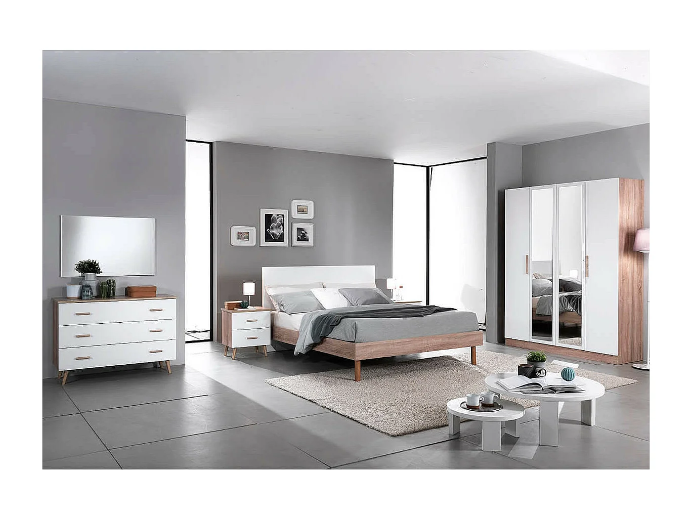 PREEM - Commode 3 Tiroirs Aspect Naturel et Façades Blanches