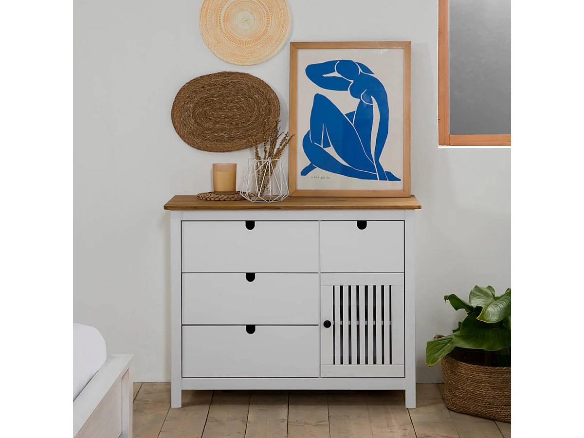 MALIA - Commode 4 Tiroirs 1 Porte Bois Ciré et Blanc