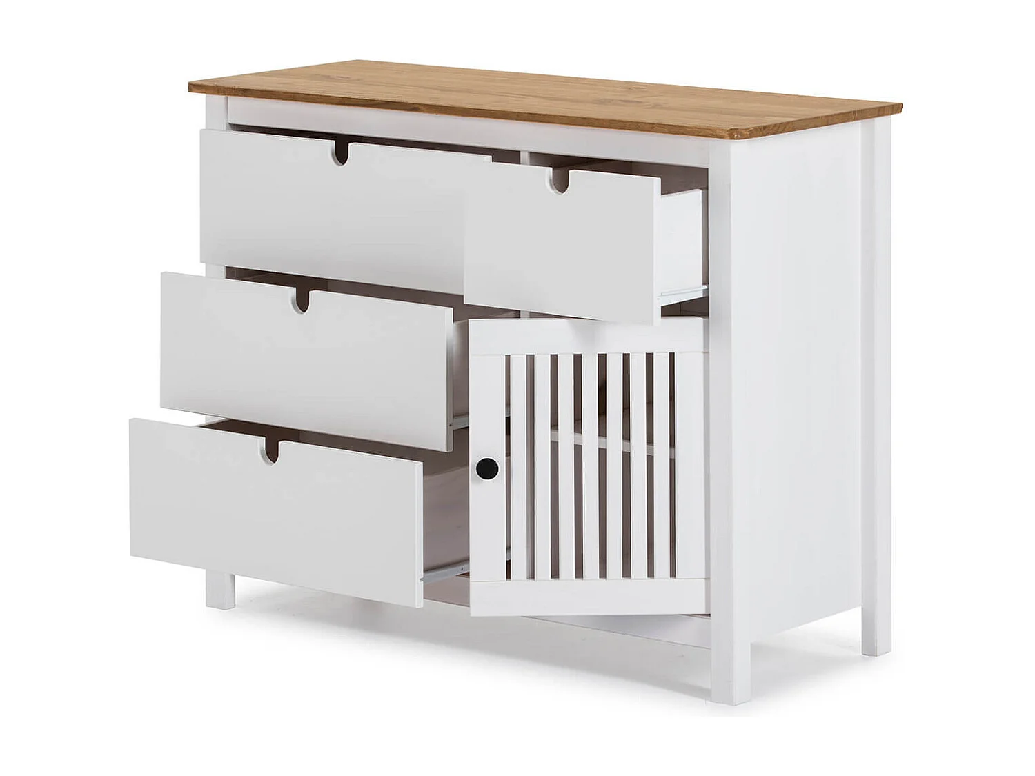 MALIA - Commode 4 Tiroirs 1 Porte Bois Ciré et Blanc