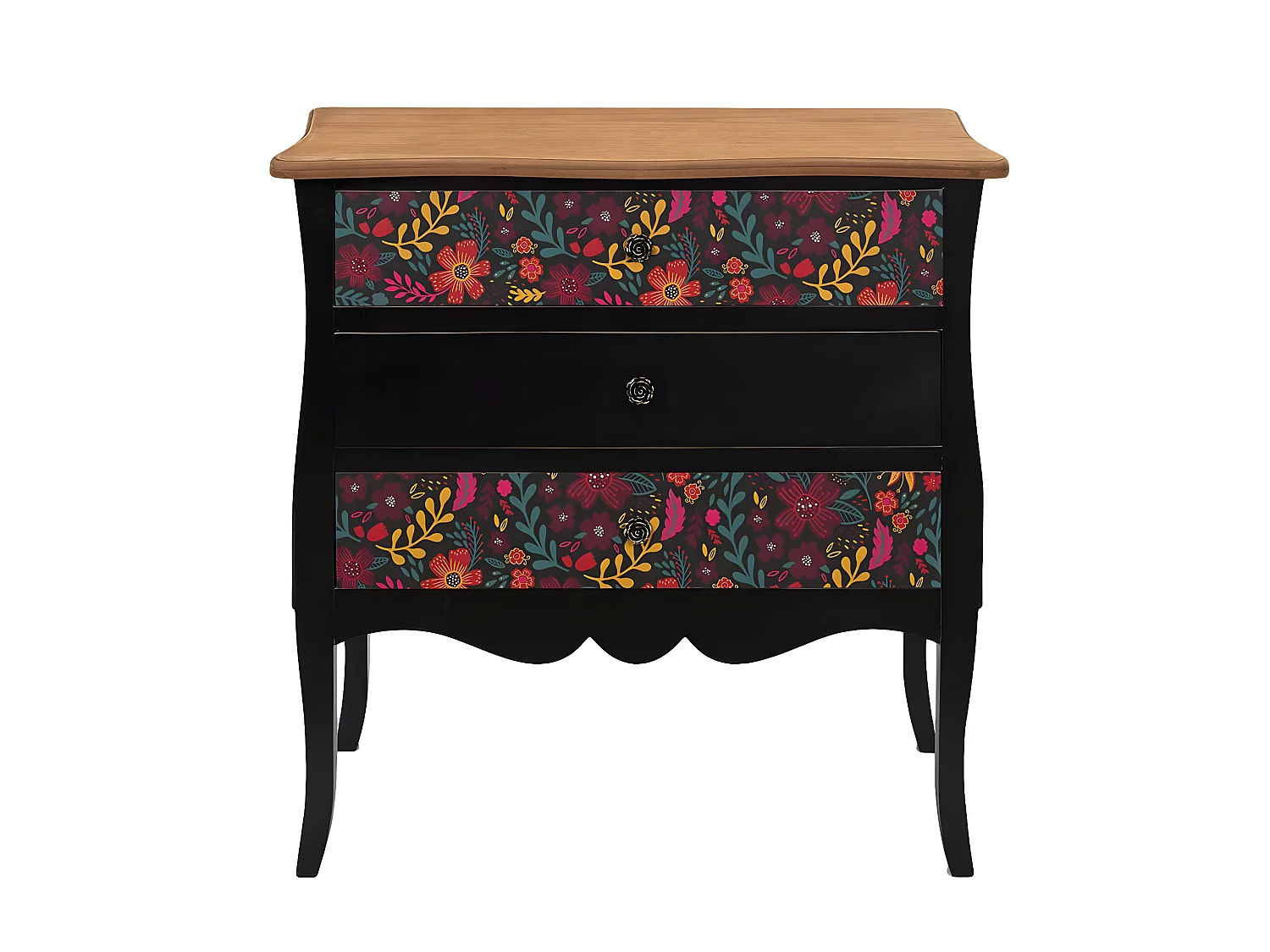 FRIDA - Commode 3 Tiroirs Noire et Motifs Fleuris