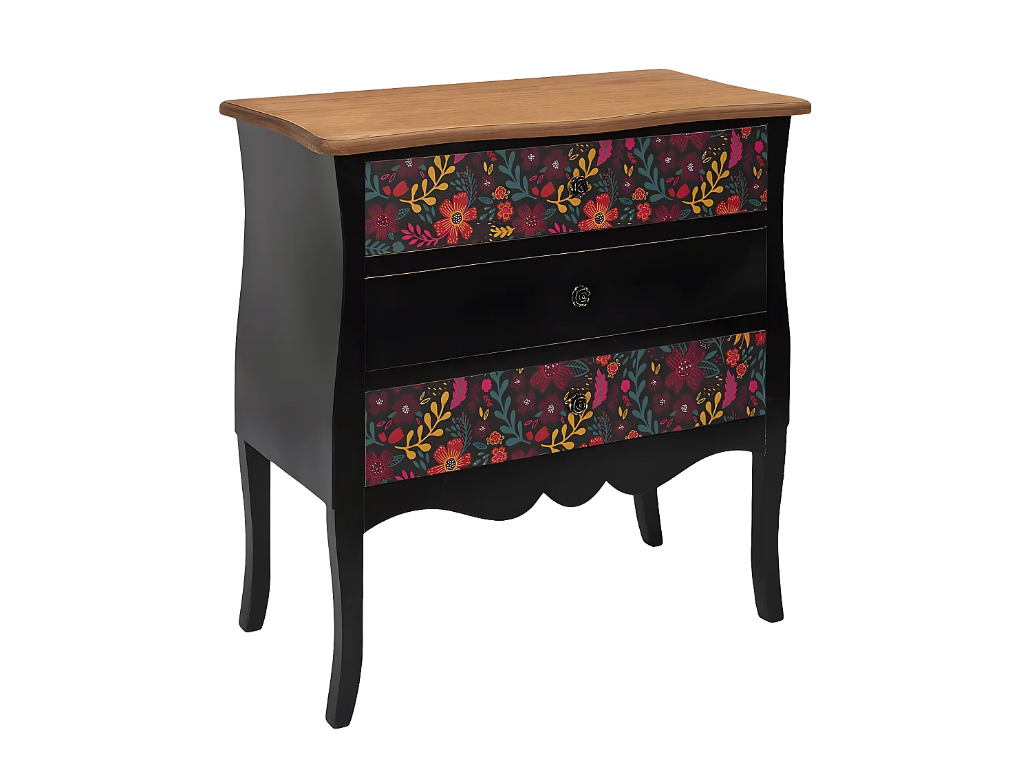 FRIDA - Commode 3 Tiroirs Noire et Motifs Fleuris