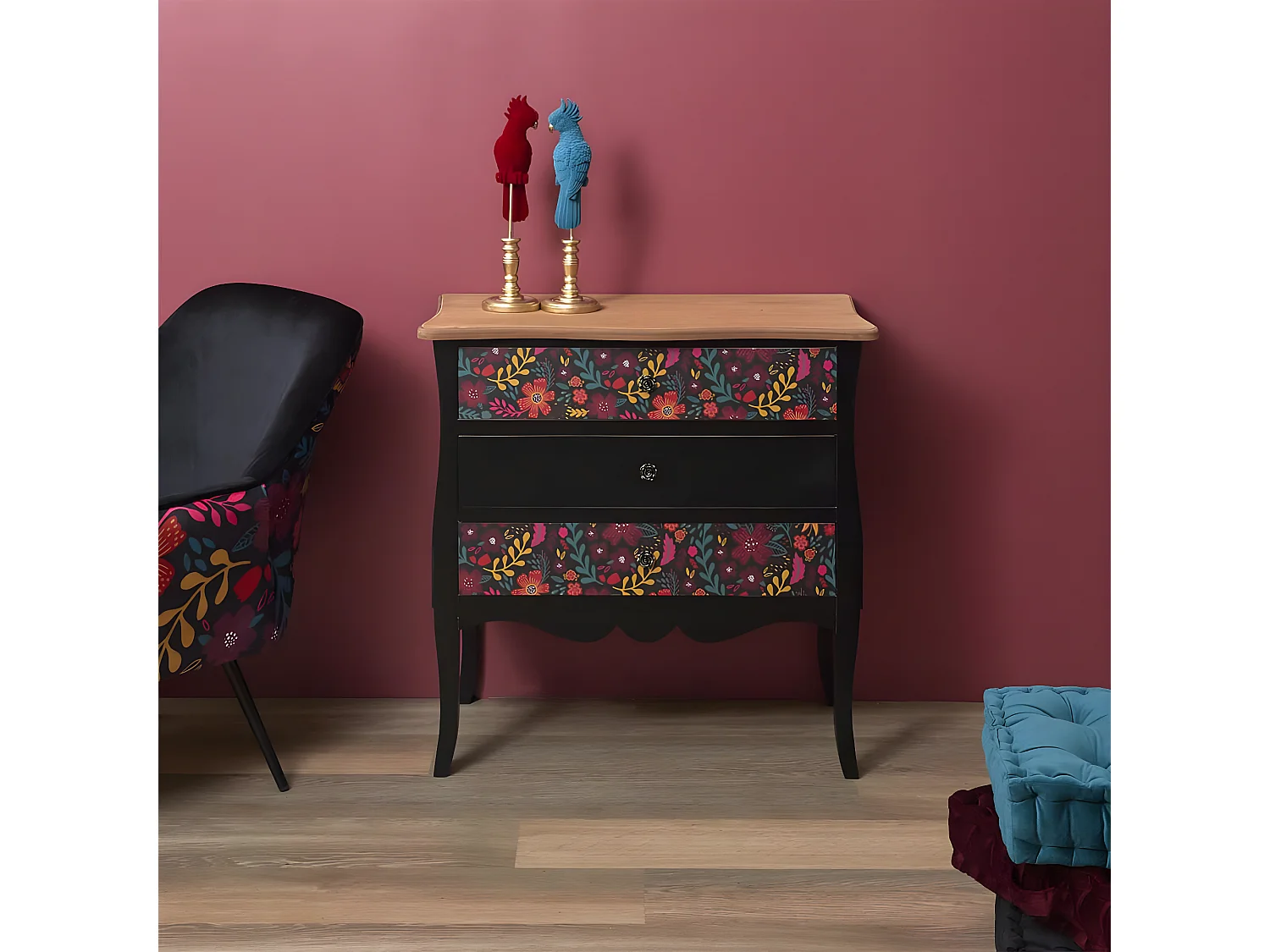 FRIDA - Commode 3 Tiroirs Noire et Motifs Fleuris