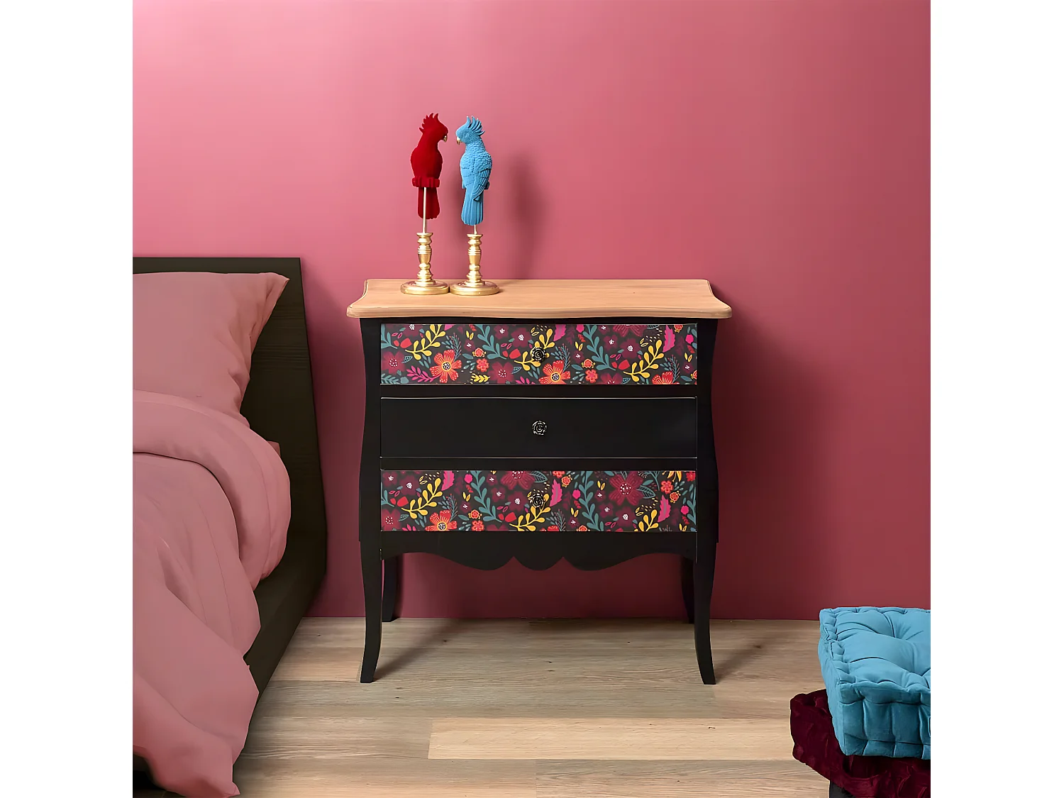 FRIDA - Commode 3 Tiroirs Noire et Motifs Fleuris