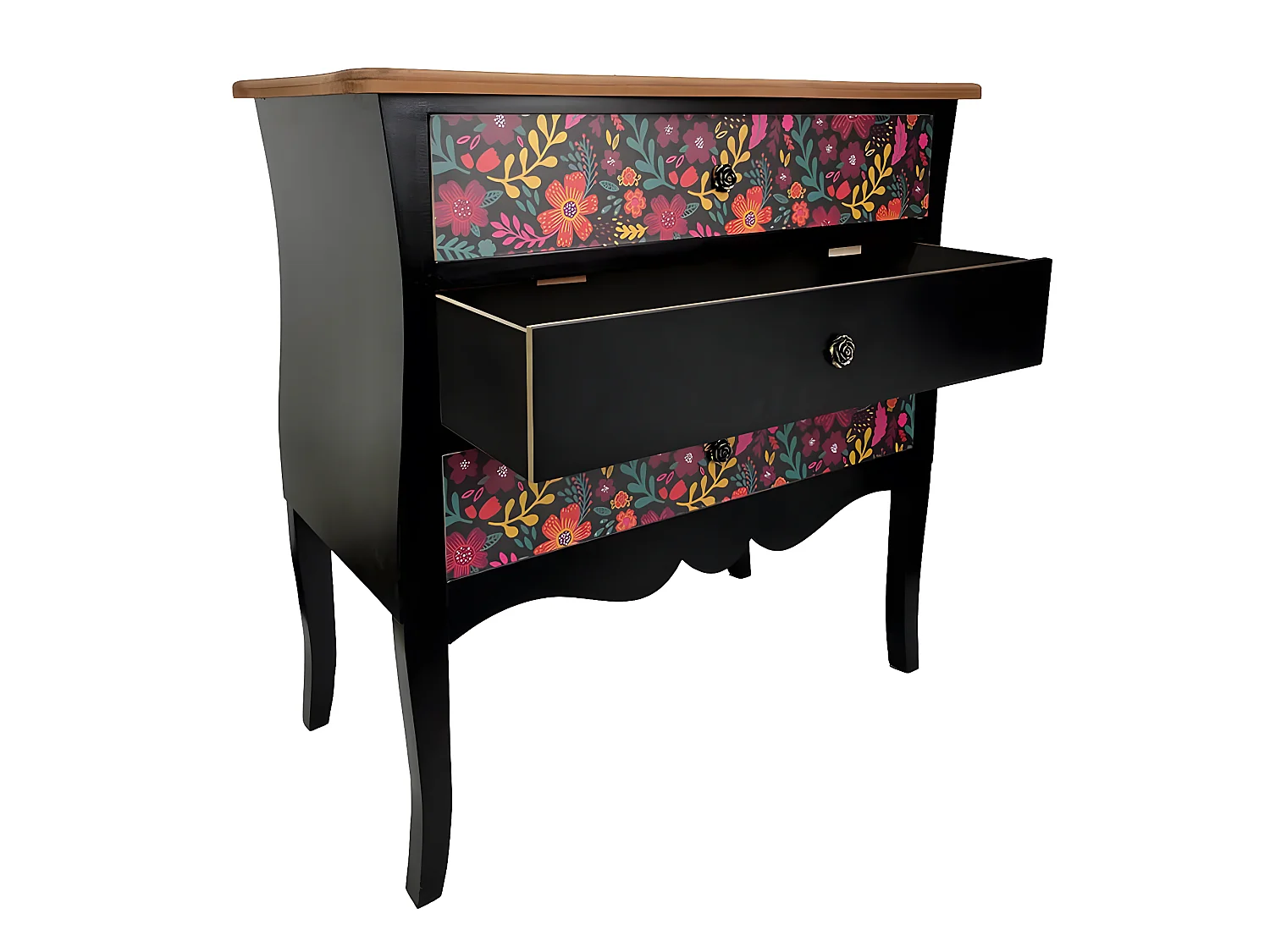 FRIDA - Commode 3 Tiroirs Noire et Motifs Fleuris