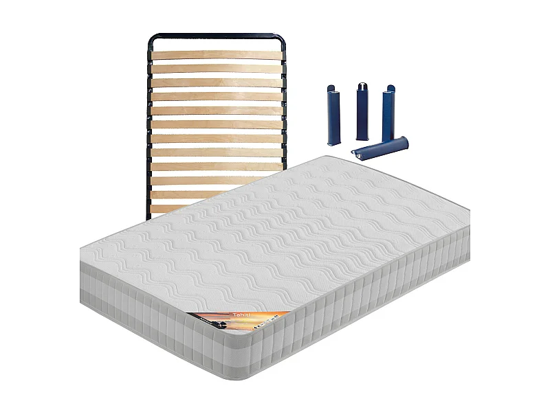 TAHITI - Pack Matelas + Lattes 90x190 + Pieds