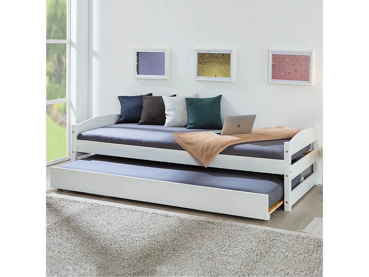 BRODI - Lit  90x200 cm Gigogne Vernis Blanc