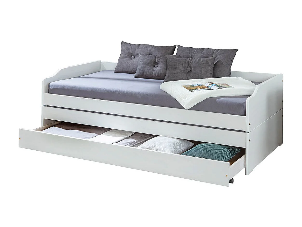 BARBARA - Lit Gigogne 3 Couchages 90x200cm Bois Massif Vernis Blanc