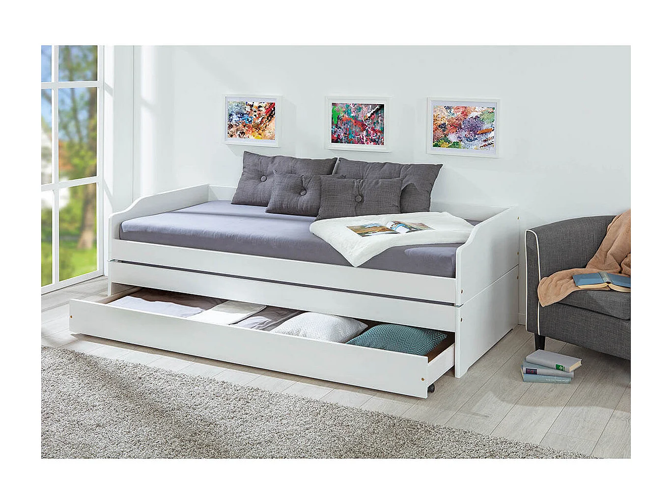 BARBARA - Lit Gigogne 3 Couchages 90x200cm Bois Massif Vernis Blanc