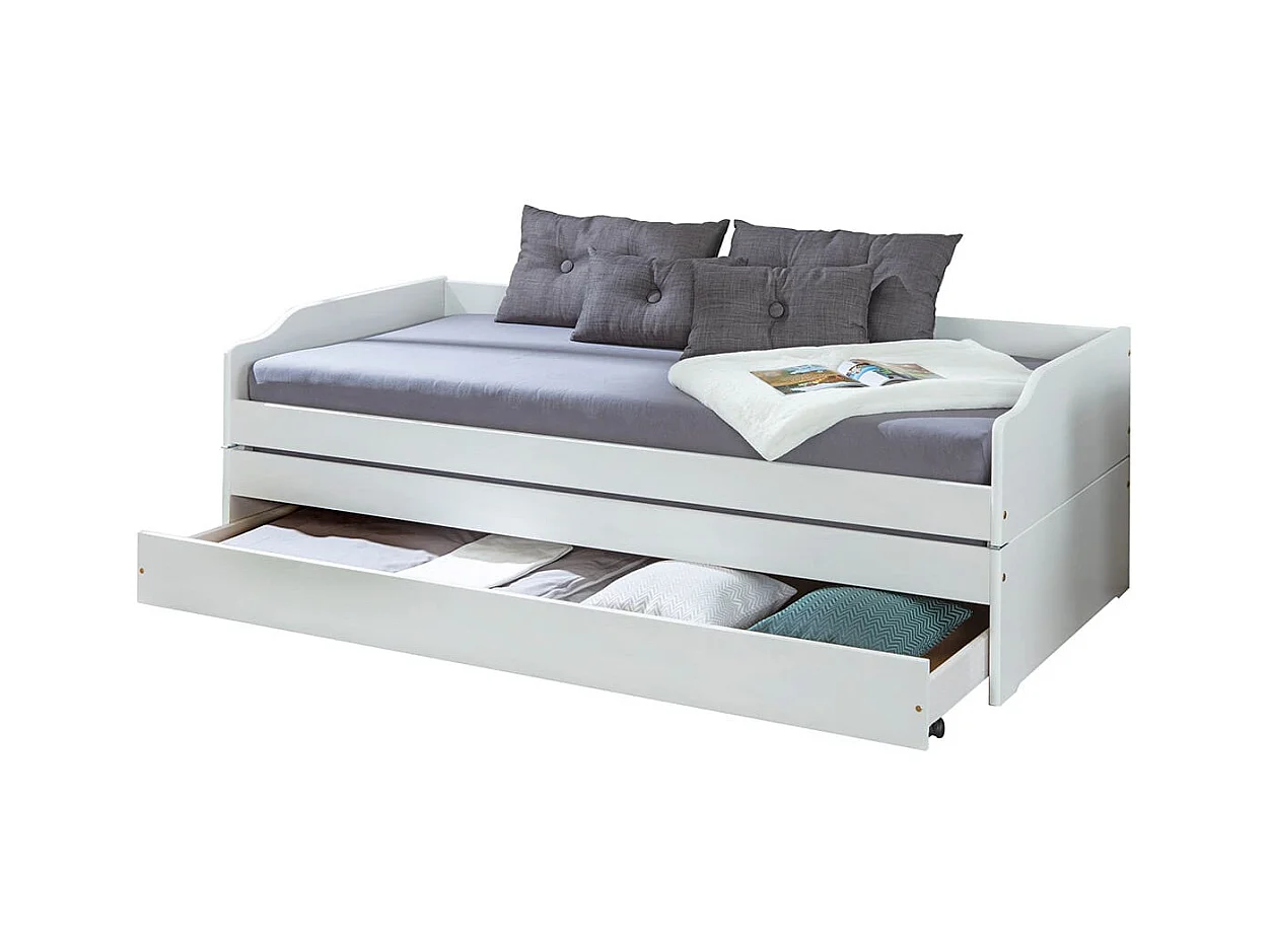BARBARA - Lit Gigogne 3 Couchages 90x200cm Bois Massif Vernis Blanc