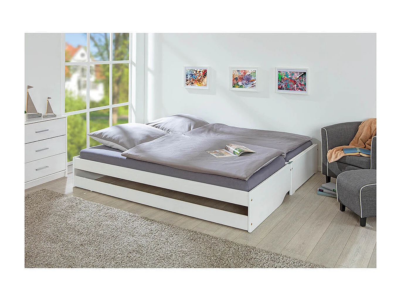 BARBARA - Lit Gigogne 3 Couchages 90x200cm Bois Massif Vernis Blanc