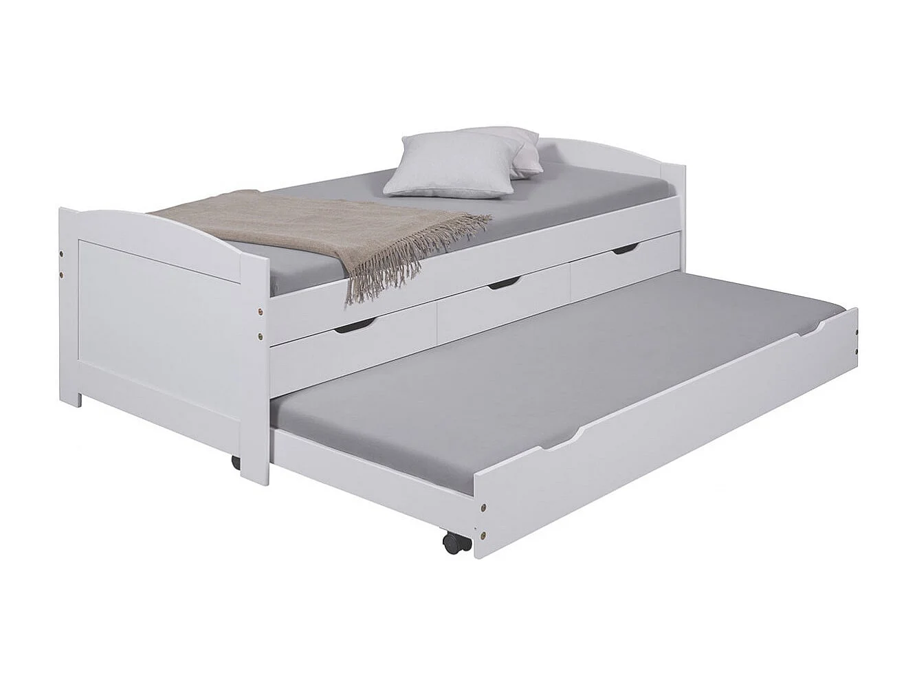 SYDNEY - Lit Gigogne 90x200cm + 3 Tiroirs Bois Massif Vernis Blanc