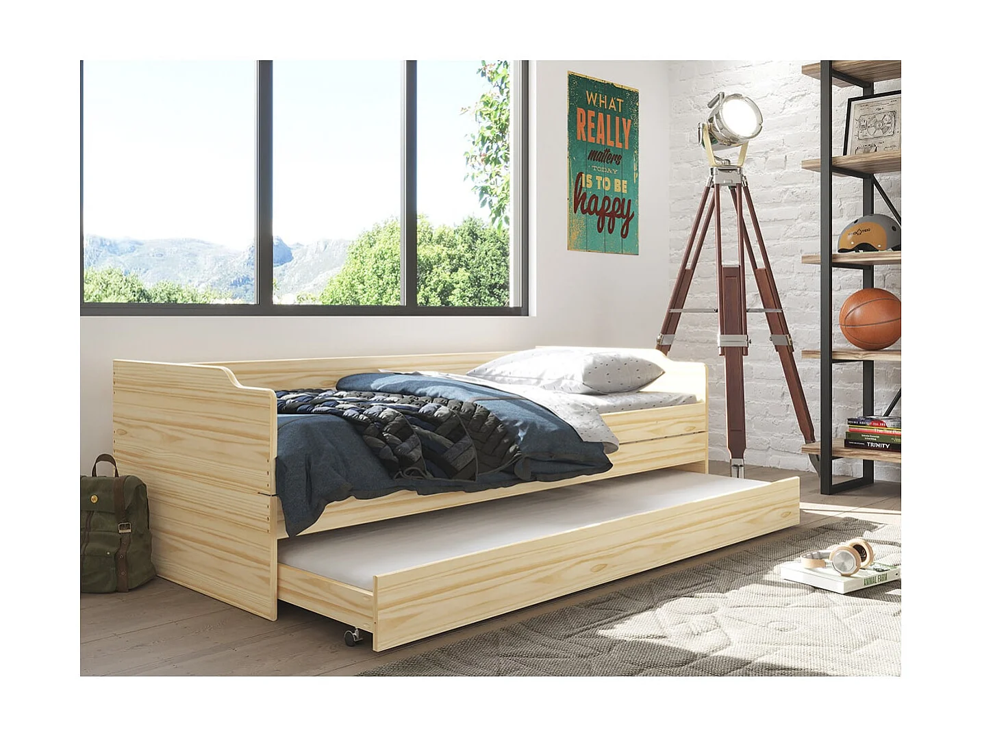 JESSICA - Lit Gigogne 3 Couchages 90x200cm Bois Massif Vernis Naturel