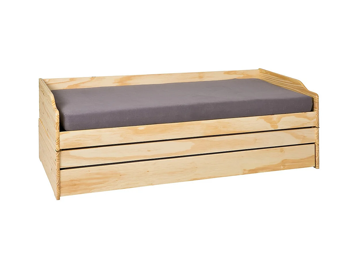 JESSICA - Lit Gigogne 3 Couchages 90x200cm Bois Massif Vernis Naturel