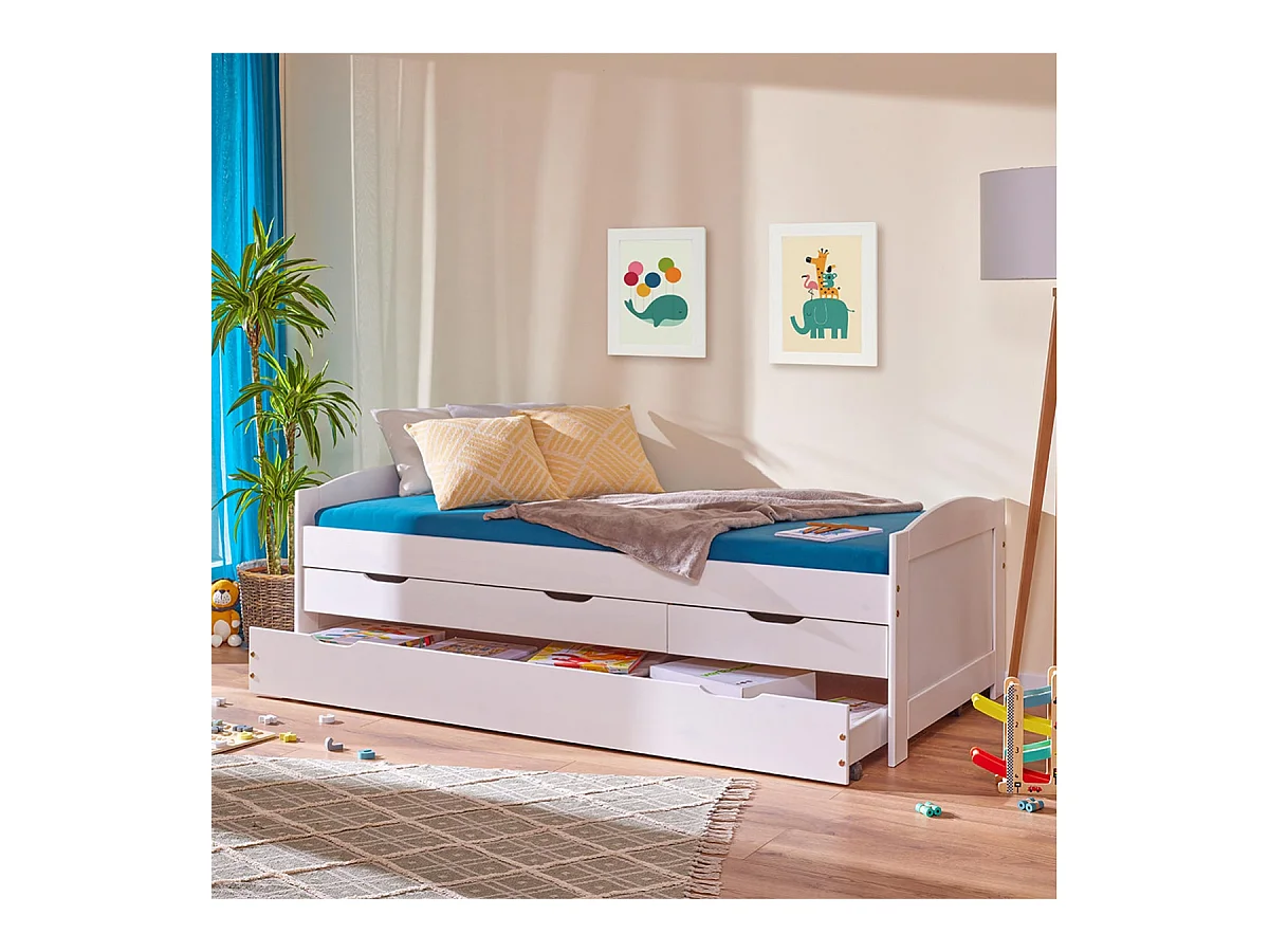 SYDNEY - Lit Gigogne 90x190cm + 3 Tiroirs Bois Massif Vernis Blanc