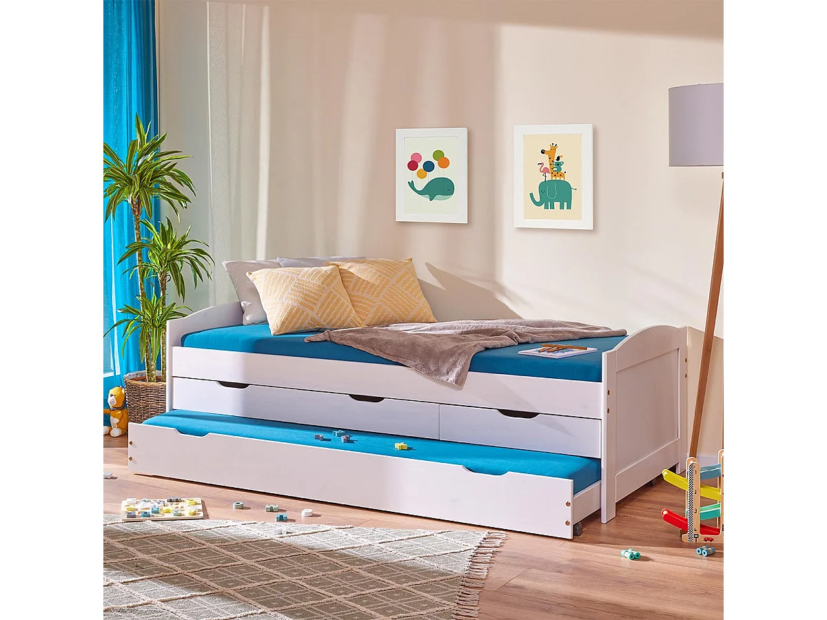 SYDNEY - Lit Gigogne 90x190cm + 3 Tiroirs Bois Massif Vernis Blanc