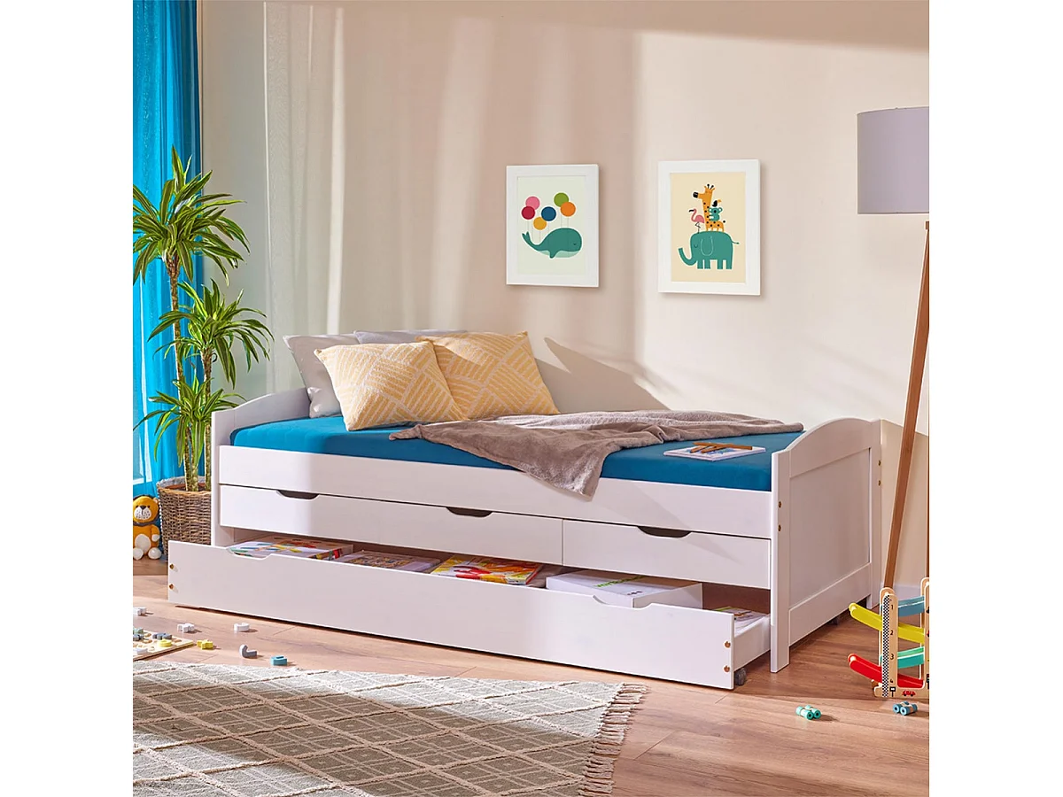 SYDNEY - Lit Gigogne 90x190cm + 3 Tiroirs Bois Massif Vernis Blanc