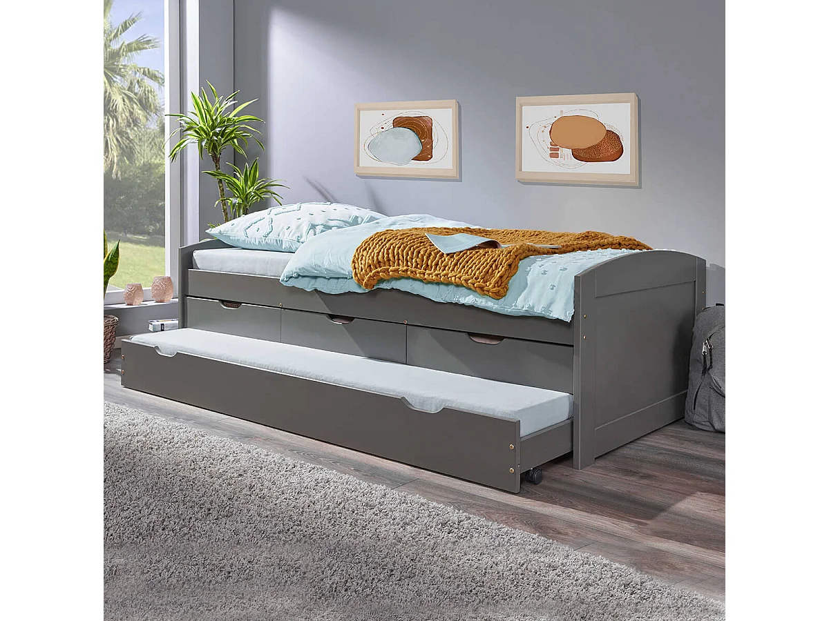 STRADI - Lit Gigogne 90x200cm + 3 Tiroirs Vernis Gris