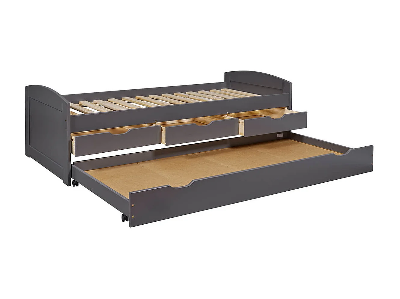 STRADI - Lit Gigogne 90x200cm + 3 Tiroirs Vernis Gris