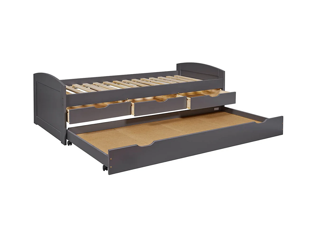 STRADI - Lit Gigogne 90x200cm + 3 Tiroirs Vernis Gris