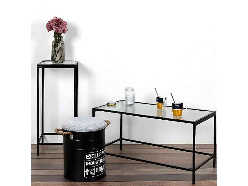GLASSI - Table Basse Noire Plateau en Verre Texturé