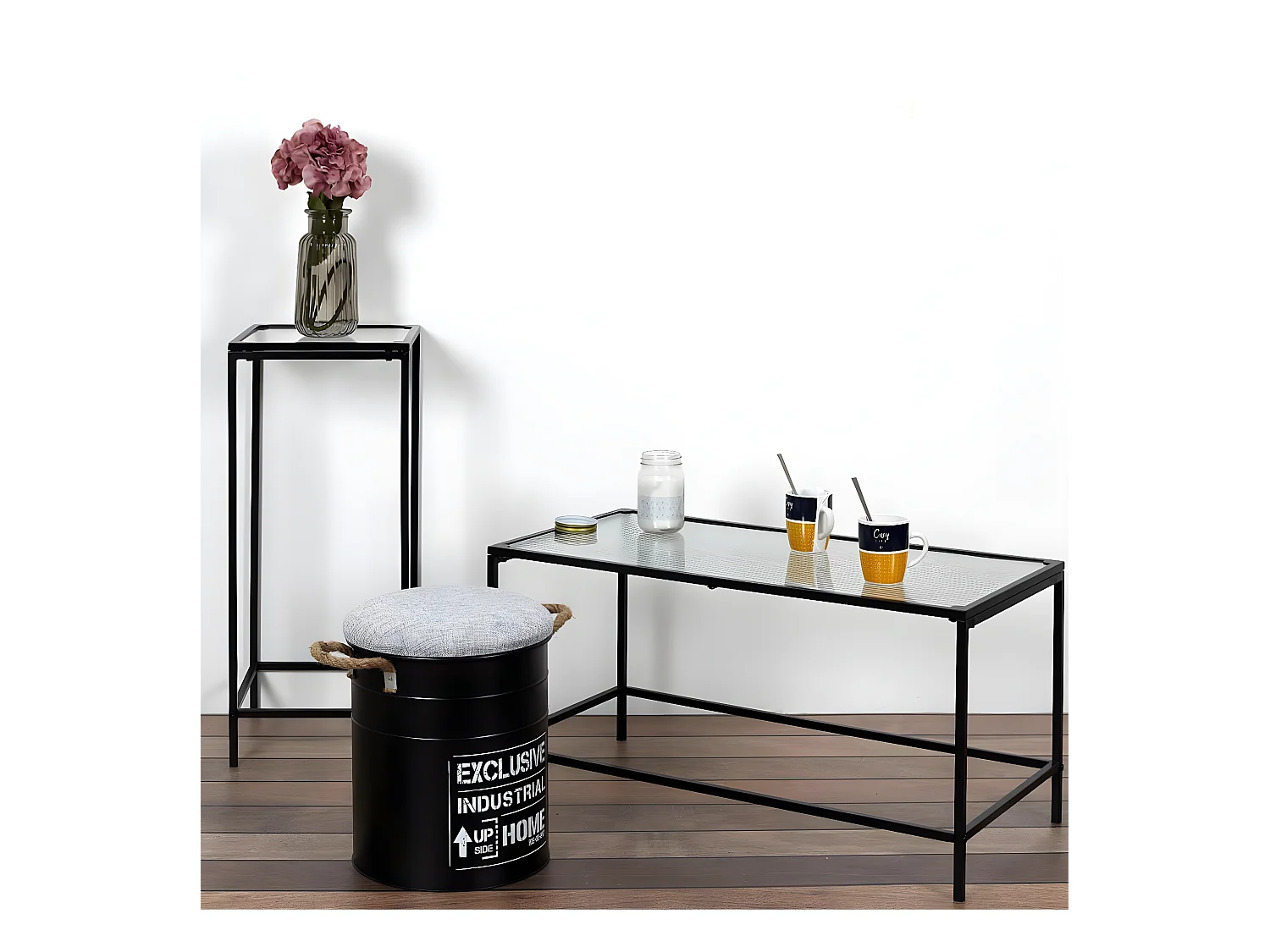 GLASSI - Table Basse Noire Plateau en Verre Texturé