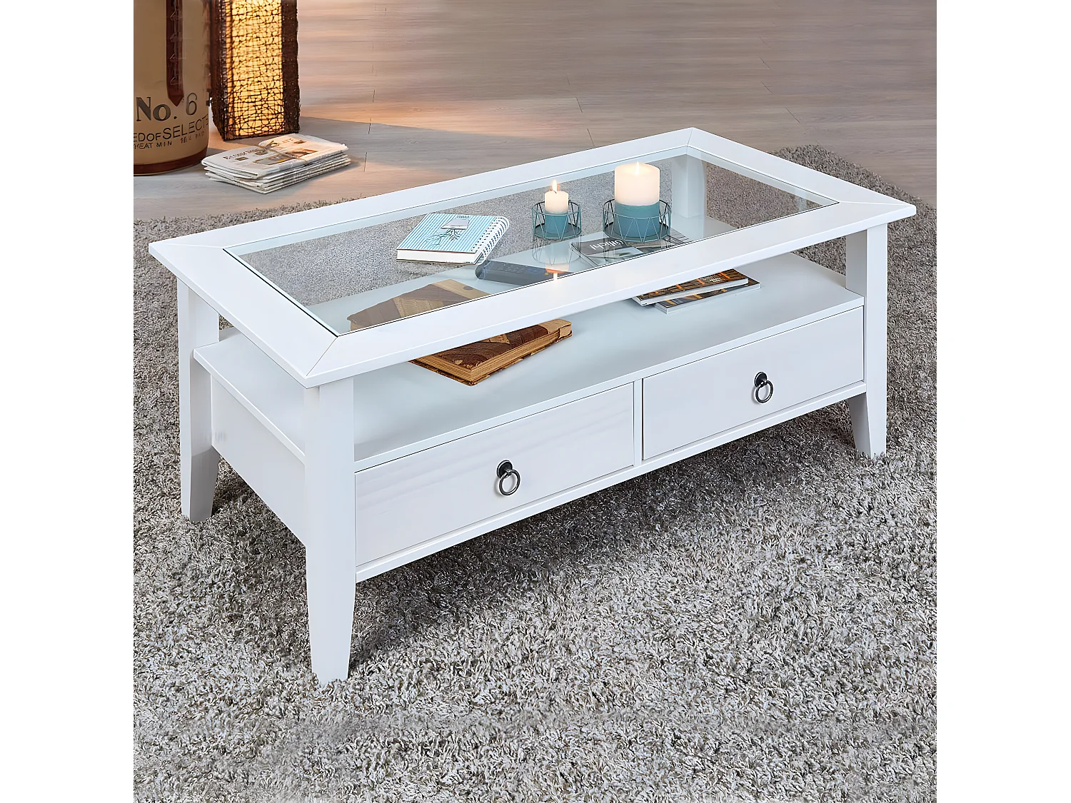 NATUR - Table Basse Rectangulaire Bois Massif Vernis Blanc