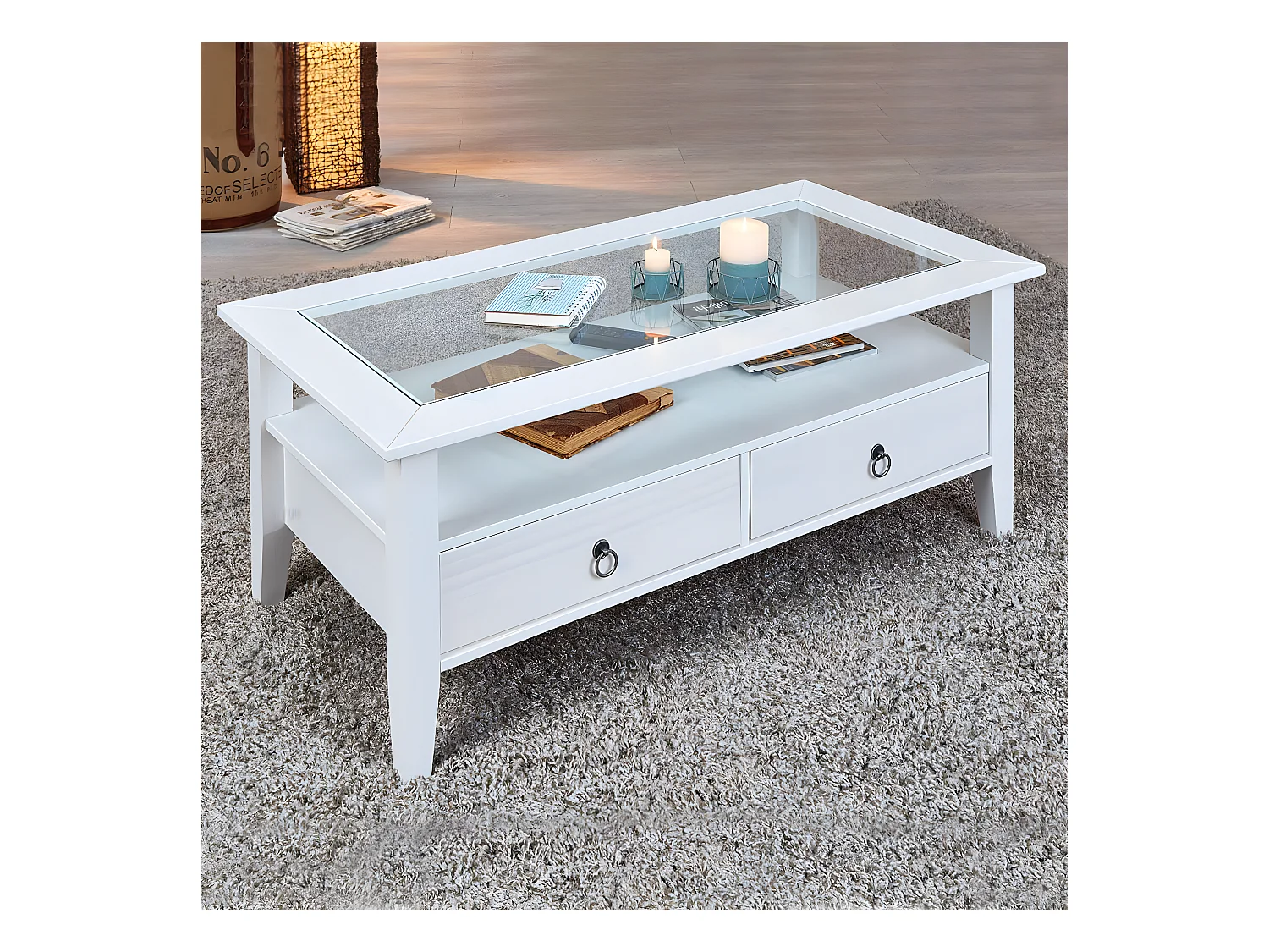 NATUR - Table Basse Rectangulaire Bois Massif Vernis Blanc