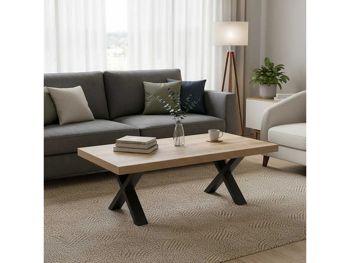 CEDRA - Table Basse Aspect Bois Piètement X Métal Poudré Noir