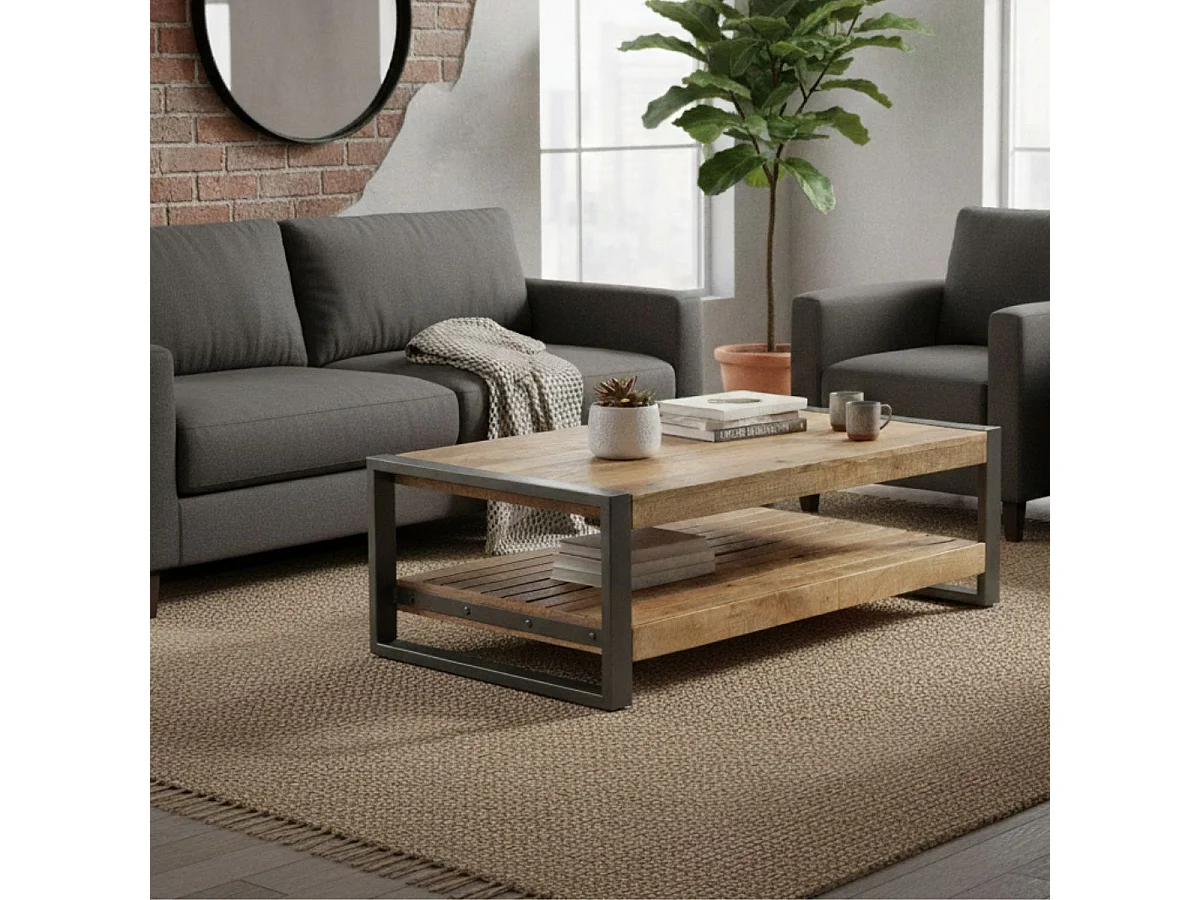 PALISSA - Table Basse avec Etagère Bois et Acier Patiné