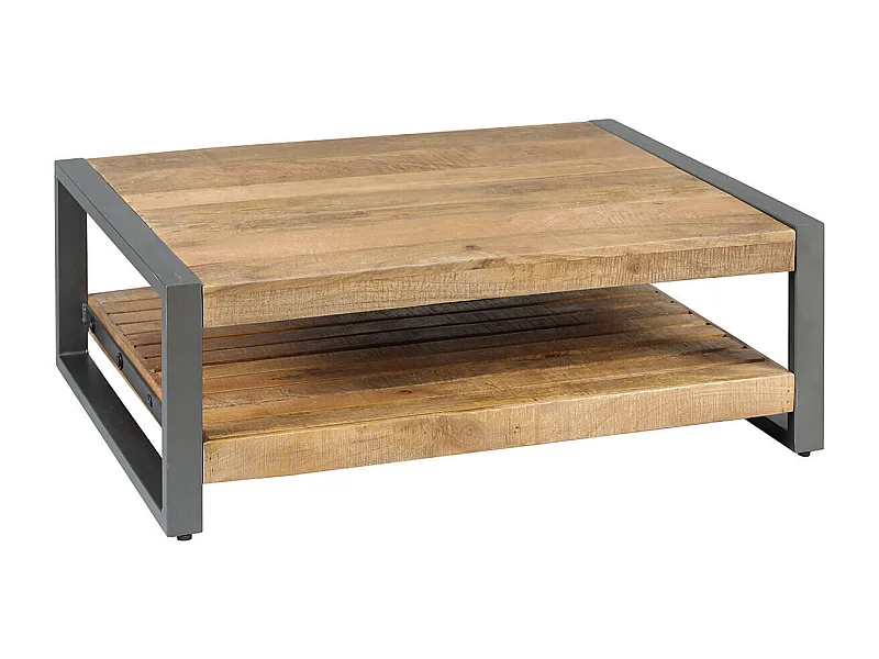 PALISSA - Table Basse avec Etagère Bois et Acier Patiné