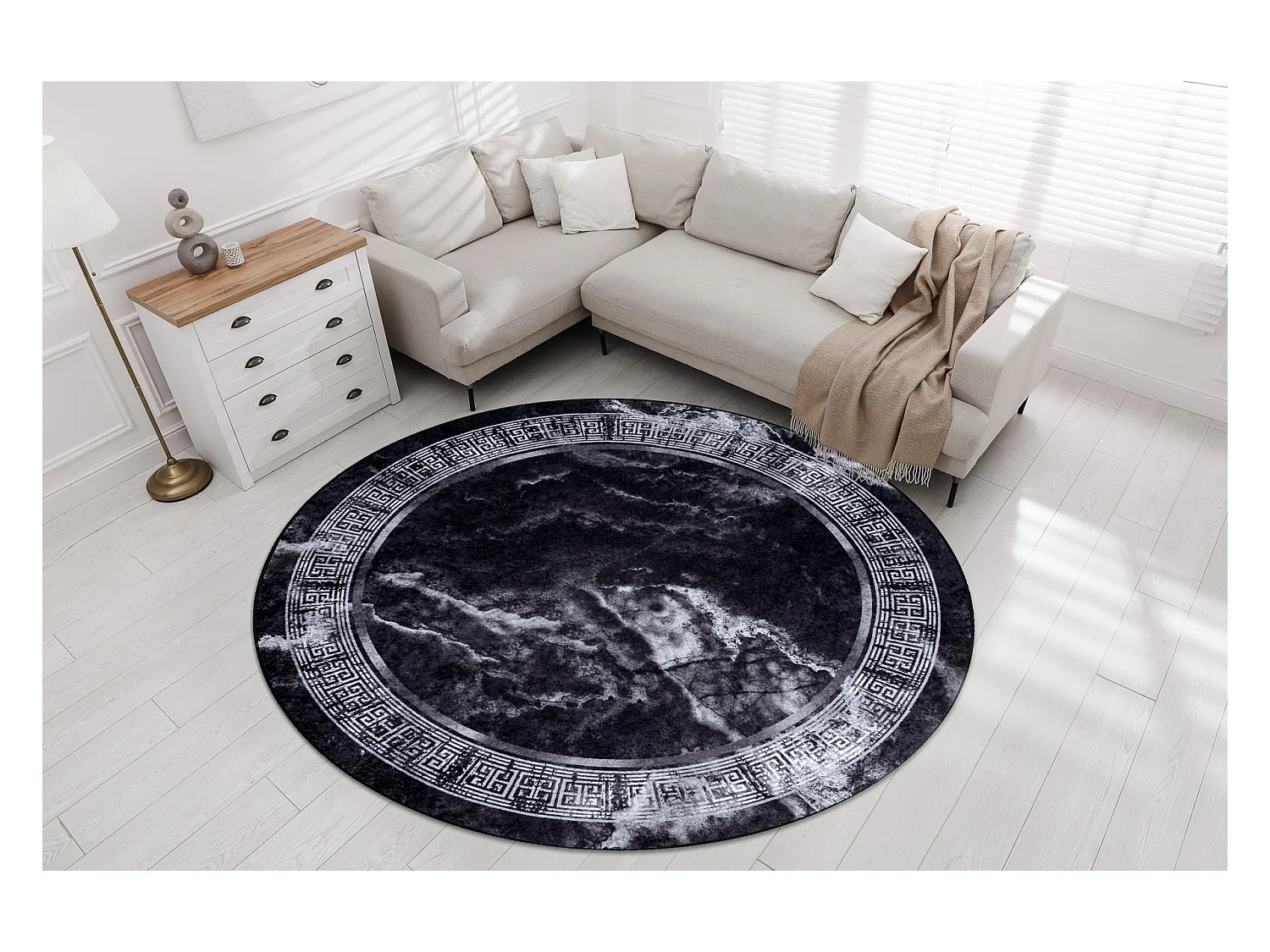 MIRO 51199.807 cirkel tapijt wasbaar marmer, grieks antislip - zwart / cercle 200 cm