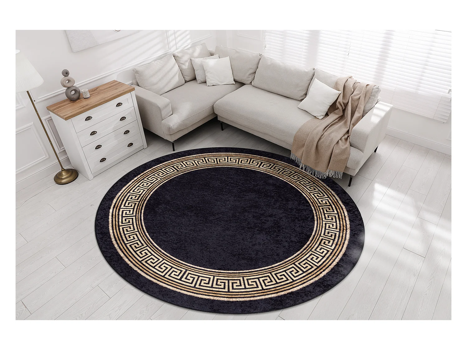 Tapis lavable MIRO 51360.802 cercle Grec antidérapant - noir / or cercle 100 cm