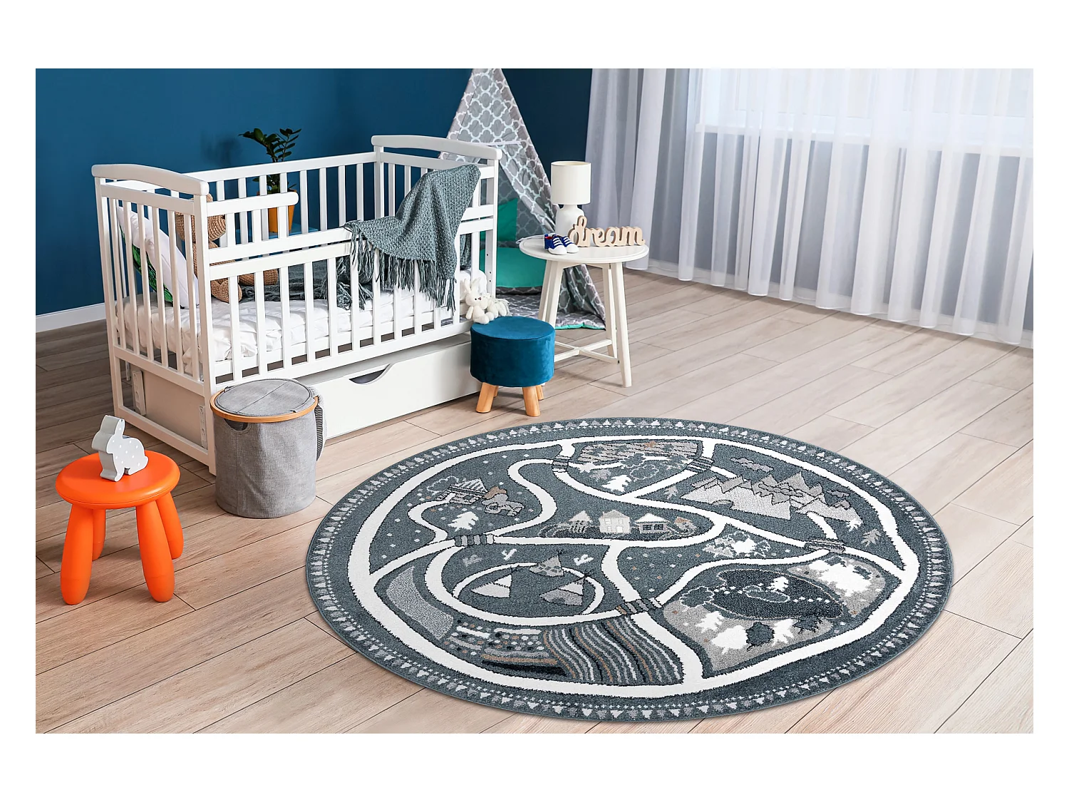 Tapijt FUN Land voor kinderen, dorp, straten, wiel - blauw cercle 140 cm