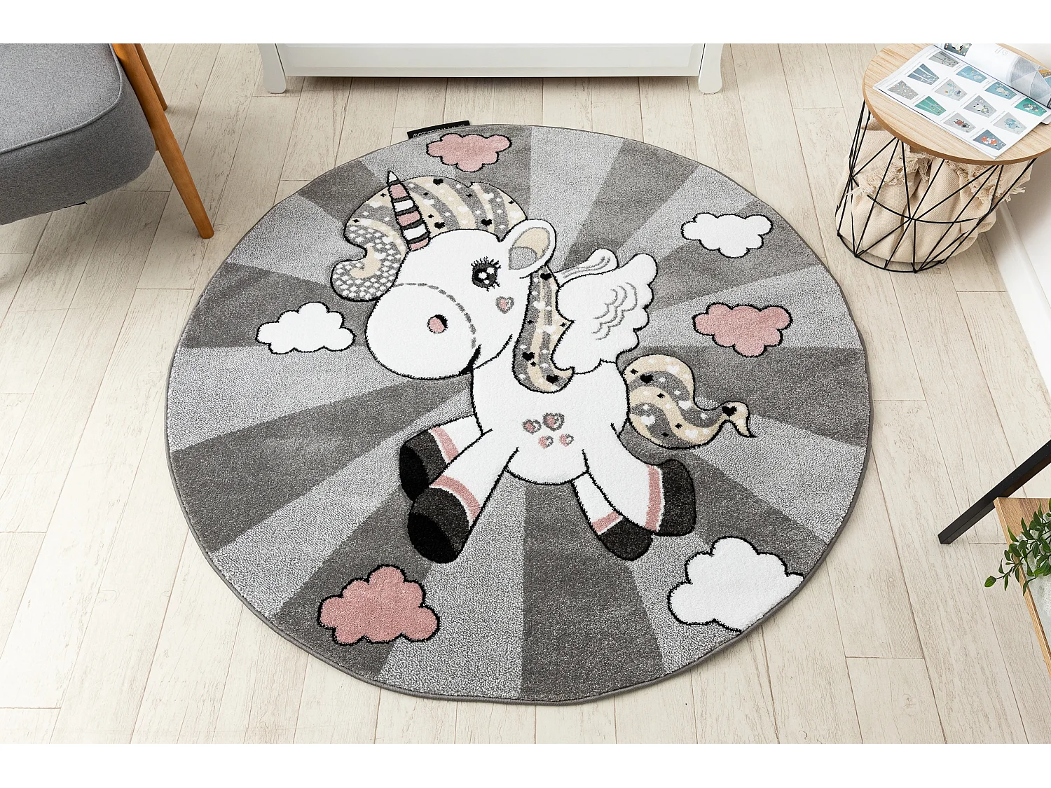 Tapijt PETIT UNICORN EENHOORN ROND grijskleuring cercle 160 cm