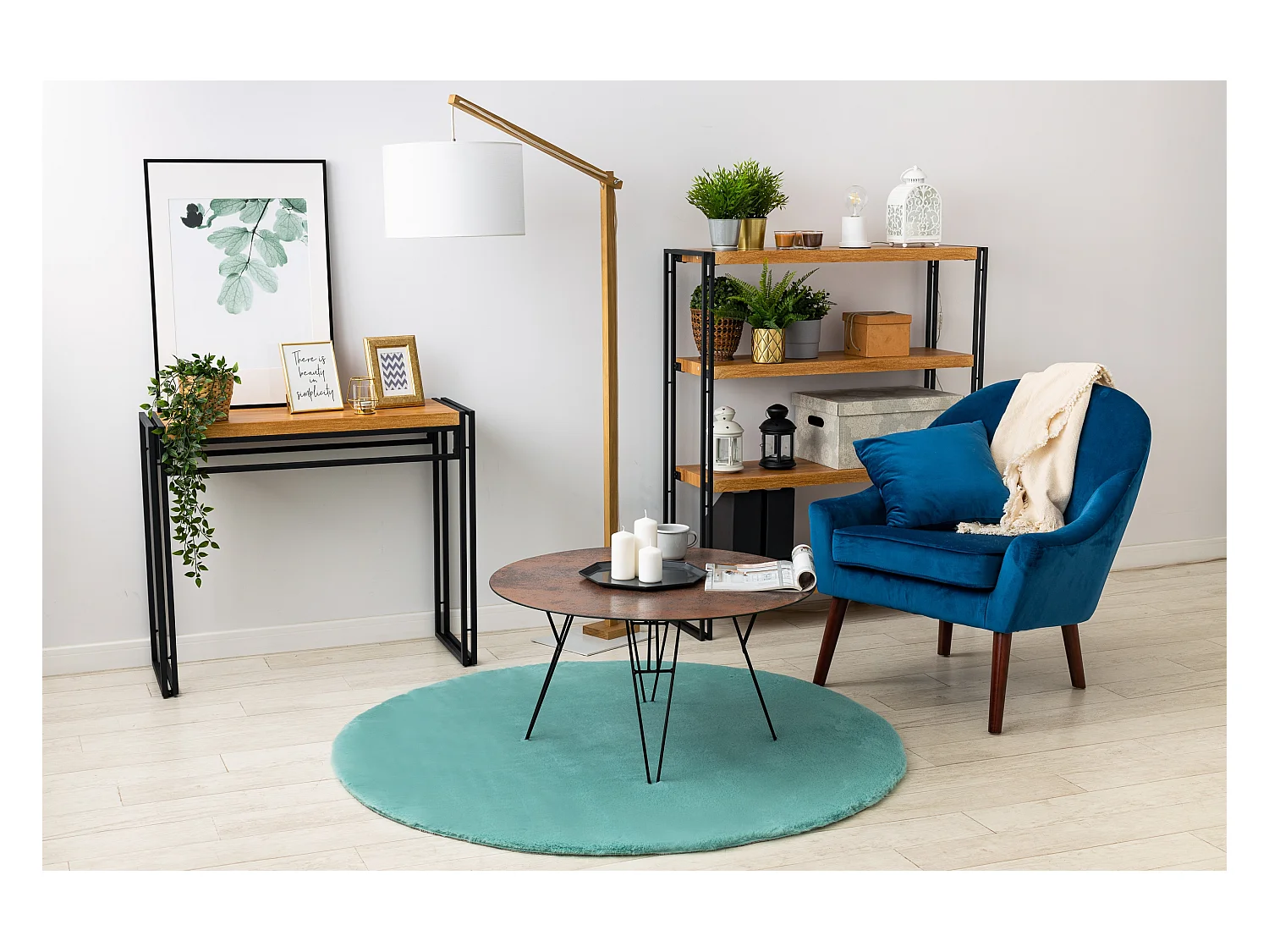 Tapijt BUNNY ROND aqua blauw IMITATIE konijnenvacht cercle 120 cm