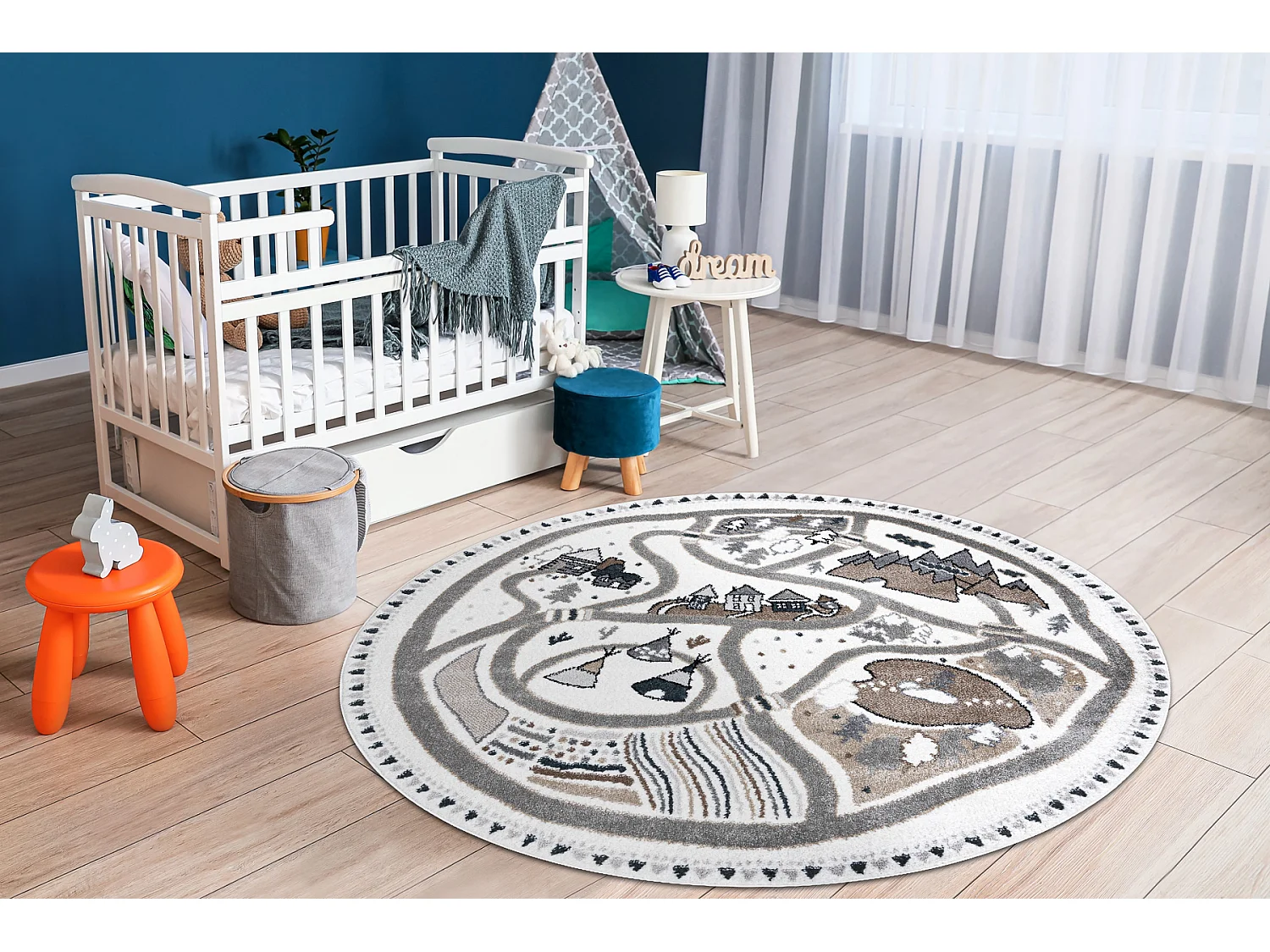 Tapis FUN Land pour enfants, le village, des rues cercle - crème cercle 200 cm