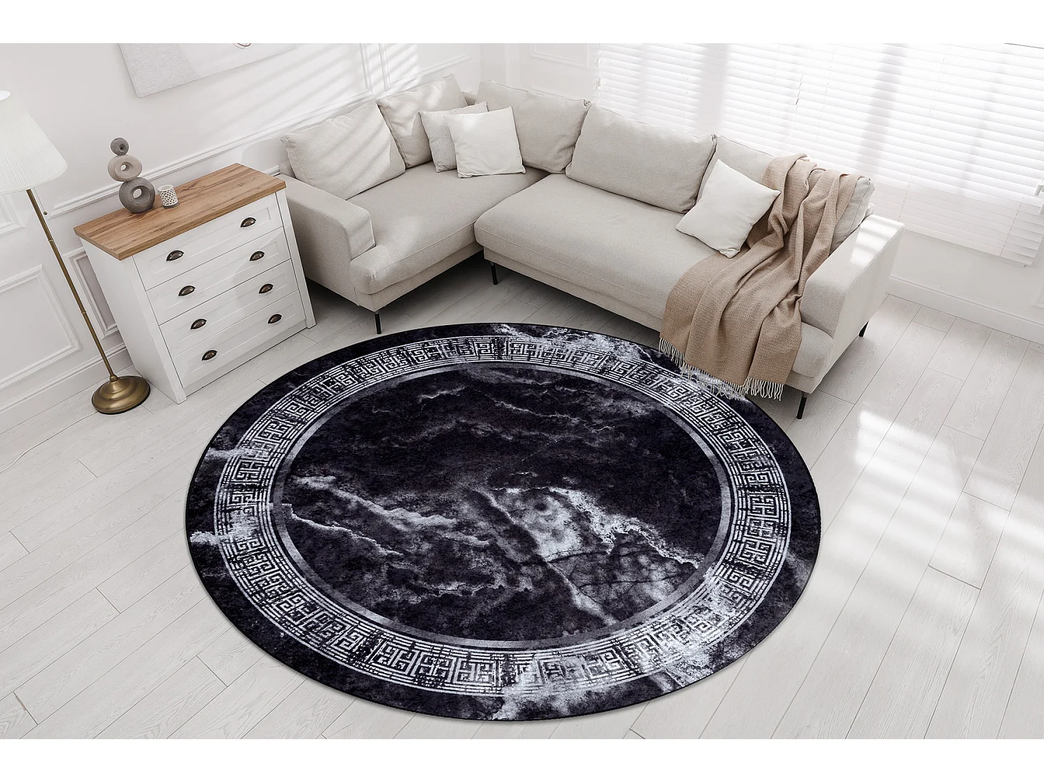 MIRO 51199.807 cirkel tapijt wasbaar marmer, grieks antislip - zwart / cercle 160 cm