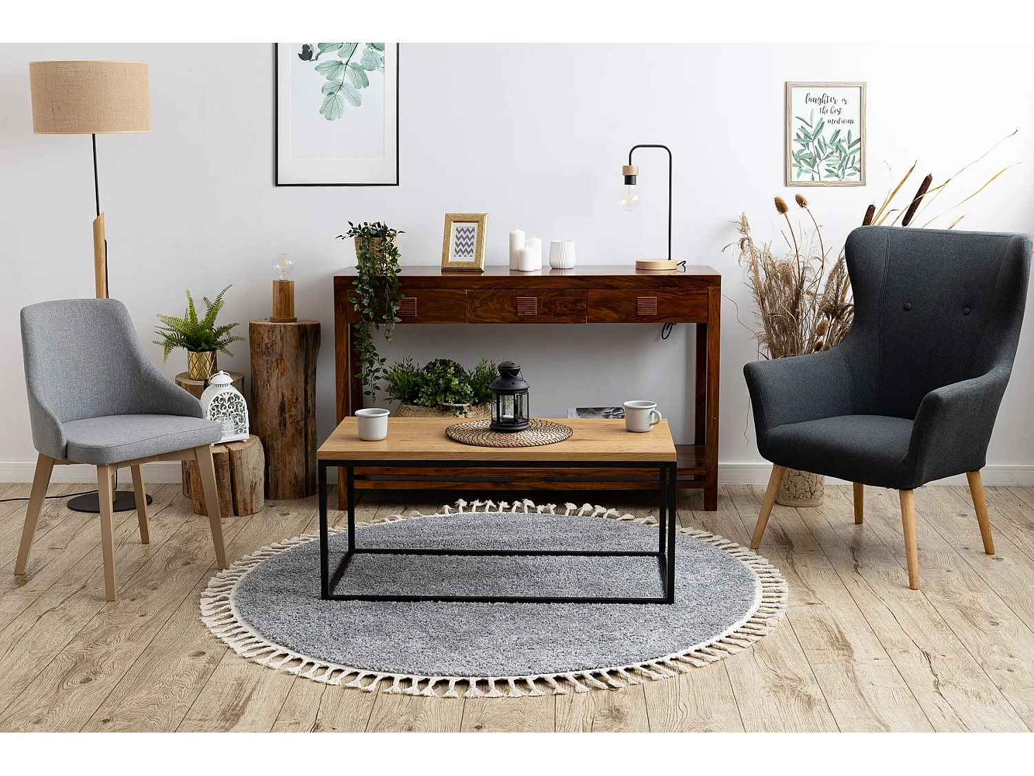 Tapis BERBER 9000 cercle gris Franges berbère marocain shaggy cercle 120 cm