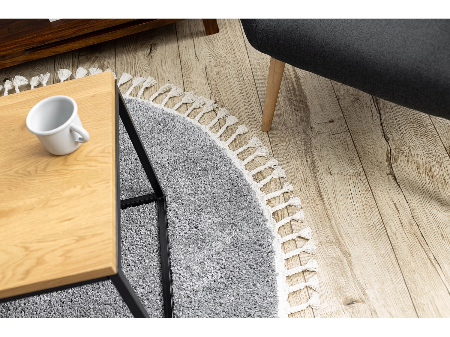 Tapis BERBER 9000 cercle gris Franges berbère marocain shaggy cercle 120 cm