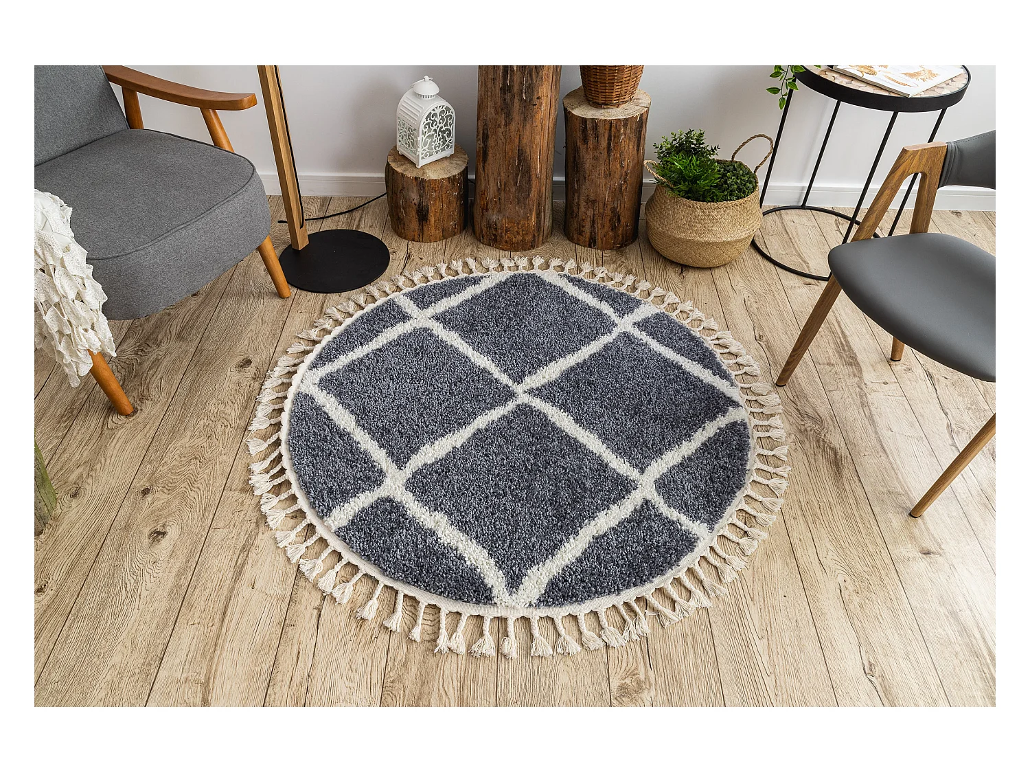 Tapijt BERBER CROSS B5950 ROND grijskleuring / witrand , Barber , maro cercle 160 cm