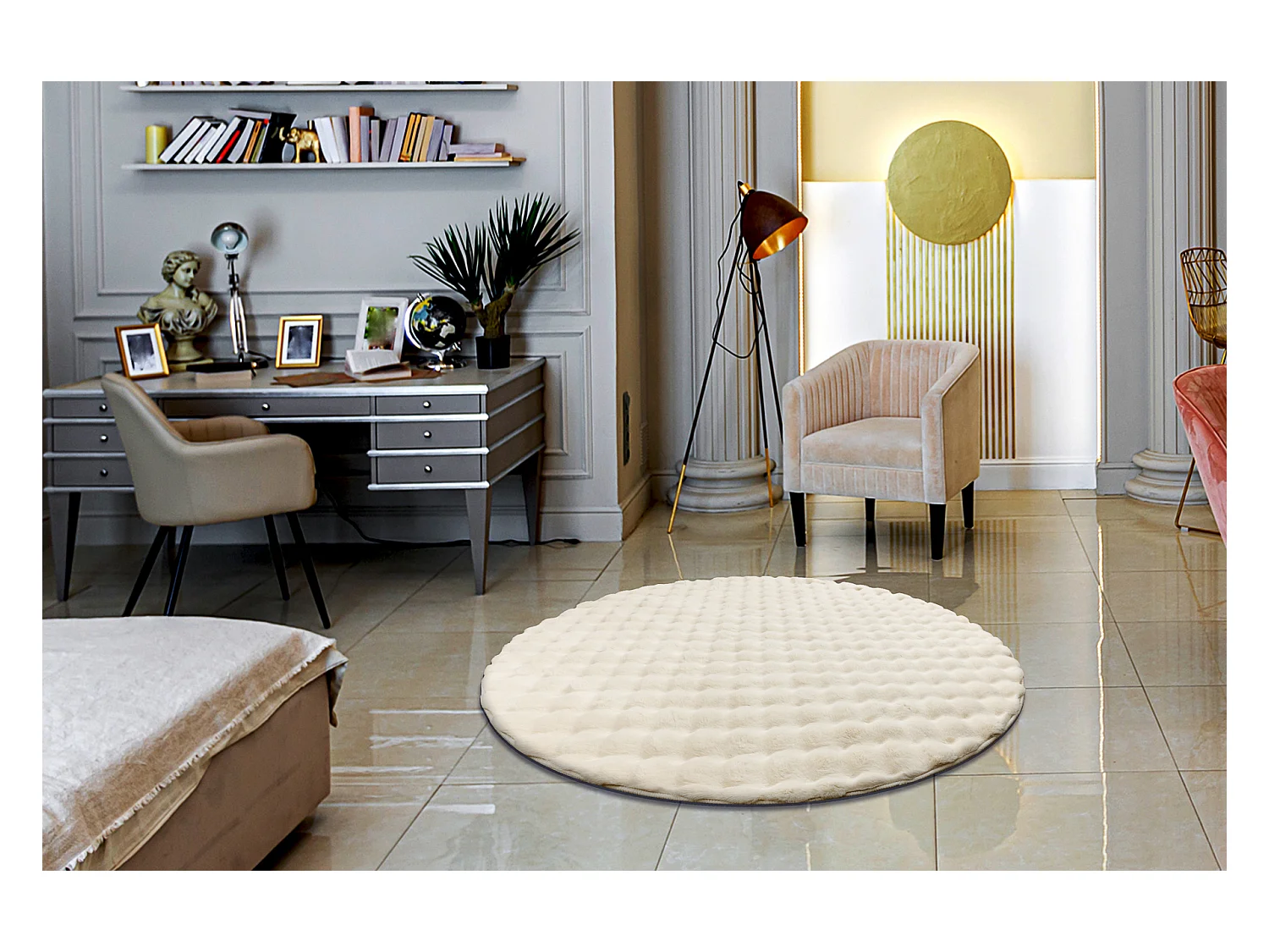 Tapis BUBBLE cercle ivoire 12 IMITATION DE FOURRURE DE LAPIN 3D struct cercle 160 cm