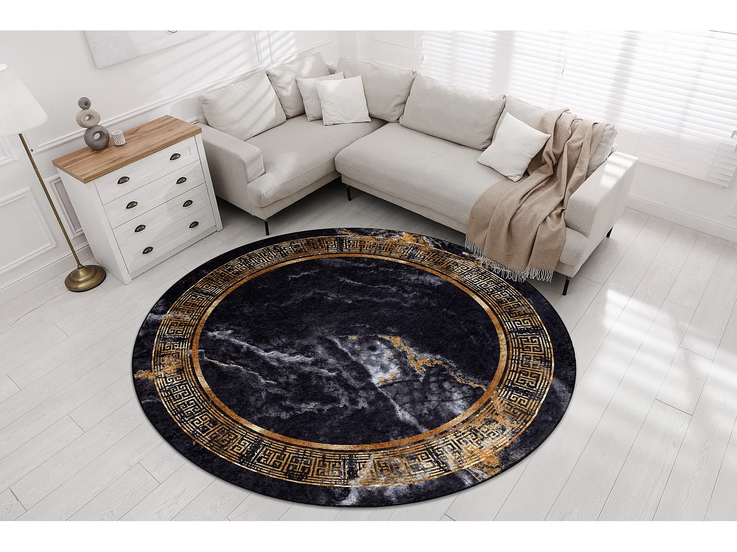 Tapis lavable MIRO 51199.806 cercle Marbre, grec antidérapant - noir  cercle 80 cm