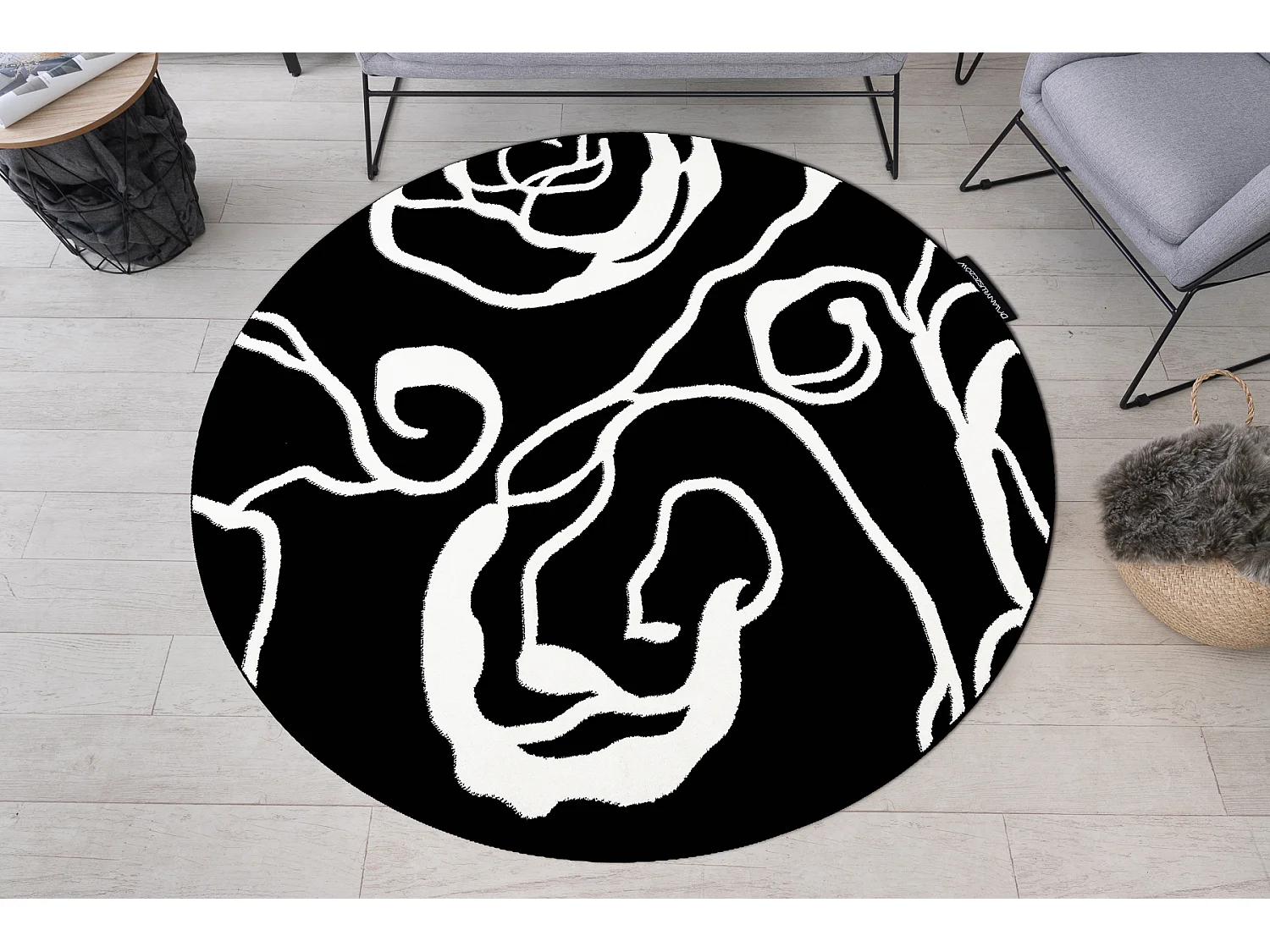 Tapijt HAMPTON Rosa rond roos, bloemen zwart cercle 200 cm