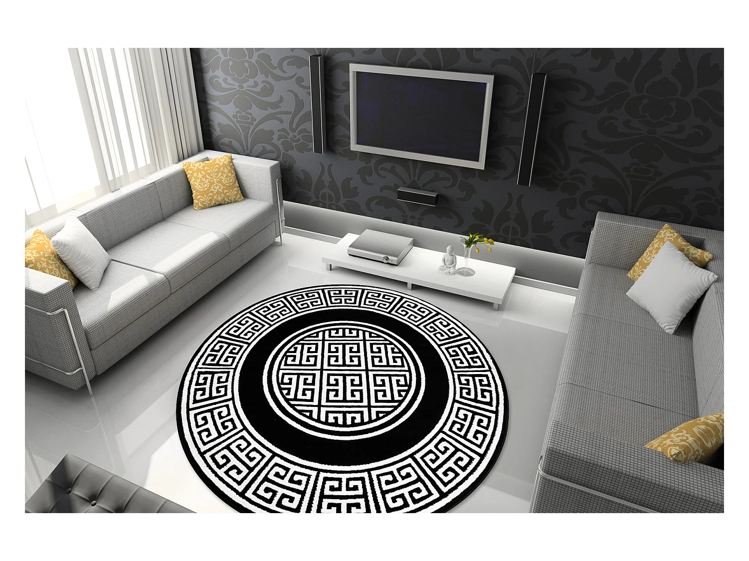 Tapis GLOSS cercle moderne 6776 85 élégant, cadre, grec noir / ivoir cercle 150 cm