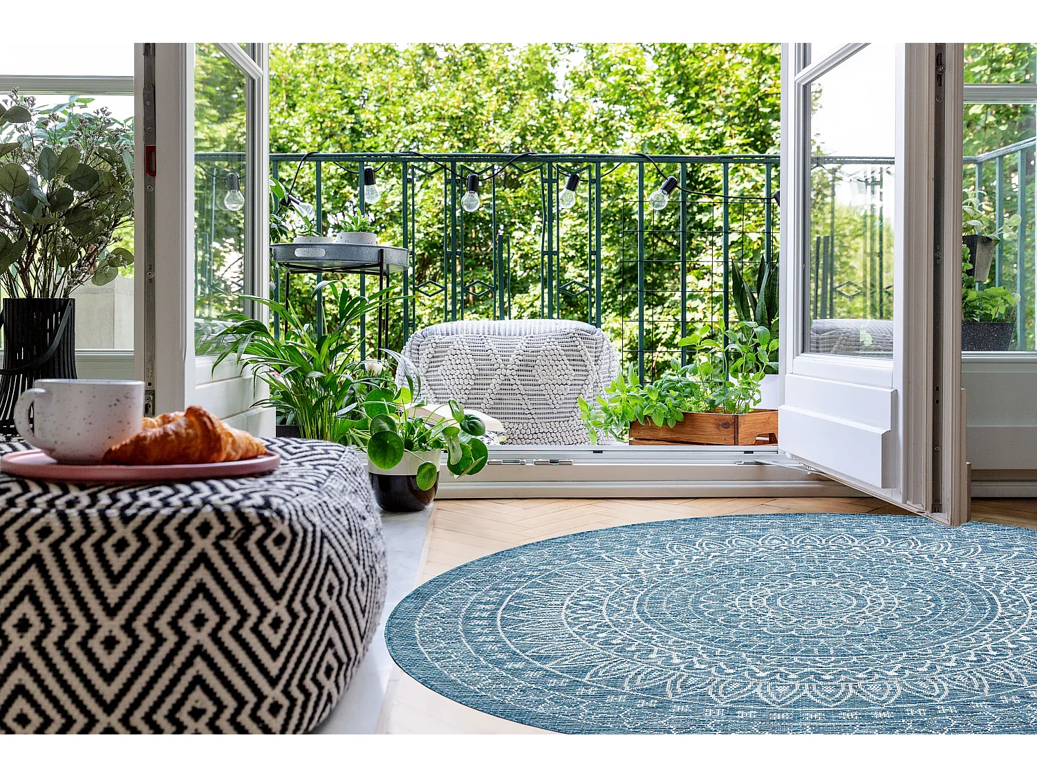 Tapis EN CORDE SIZAL LOFT 21207 Rosette BOHO cercle ivoire/argentin/bl cercle 160 cm