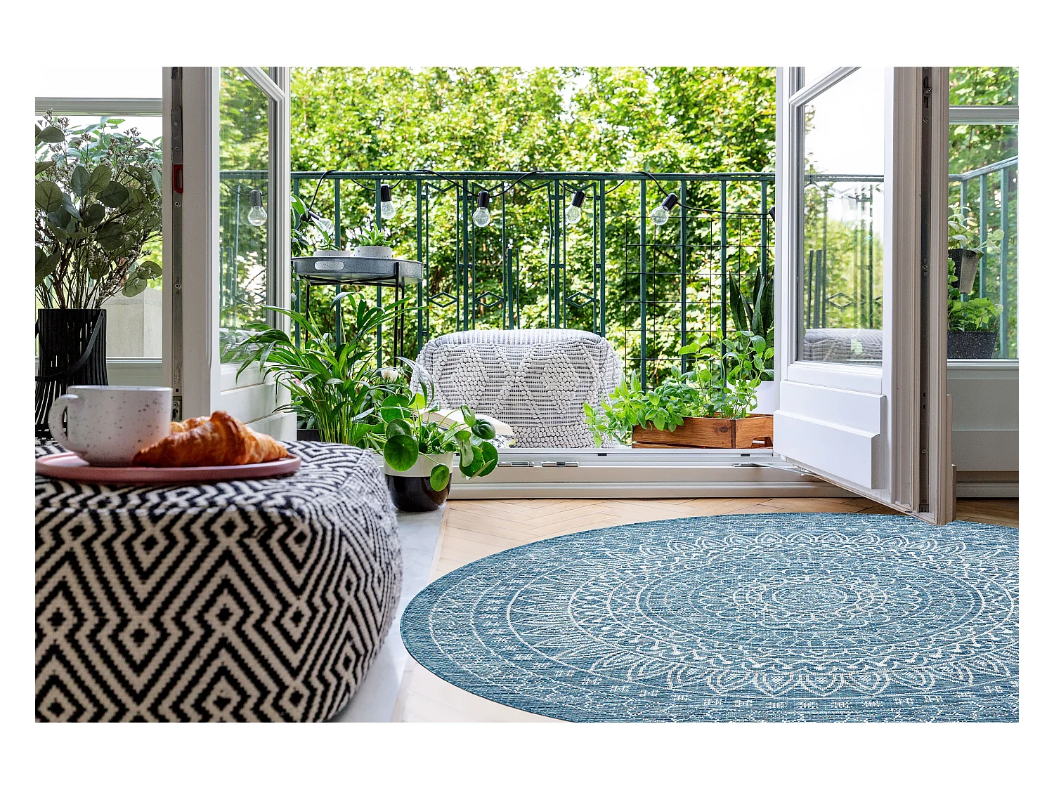 Tapis EN CORDE SIZAL LOFT 21207 Rosette BOHO cercle ivoire/argentin/bl cercle 160 cm